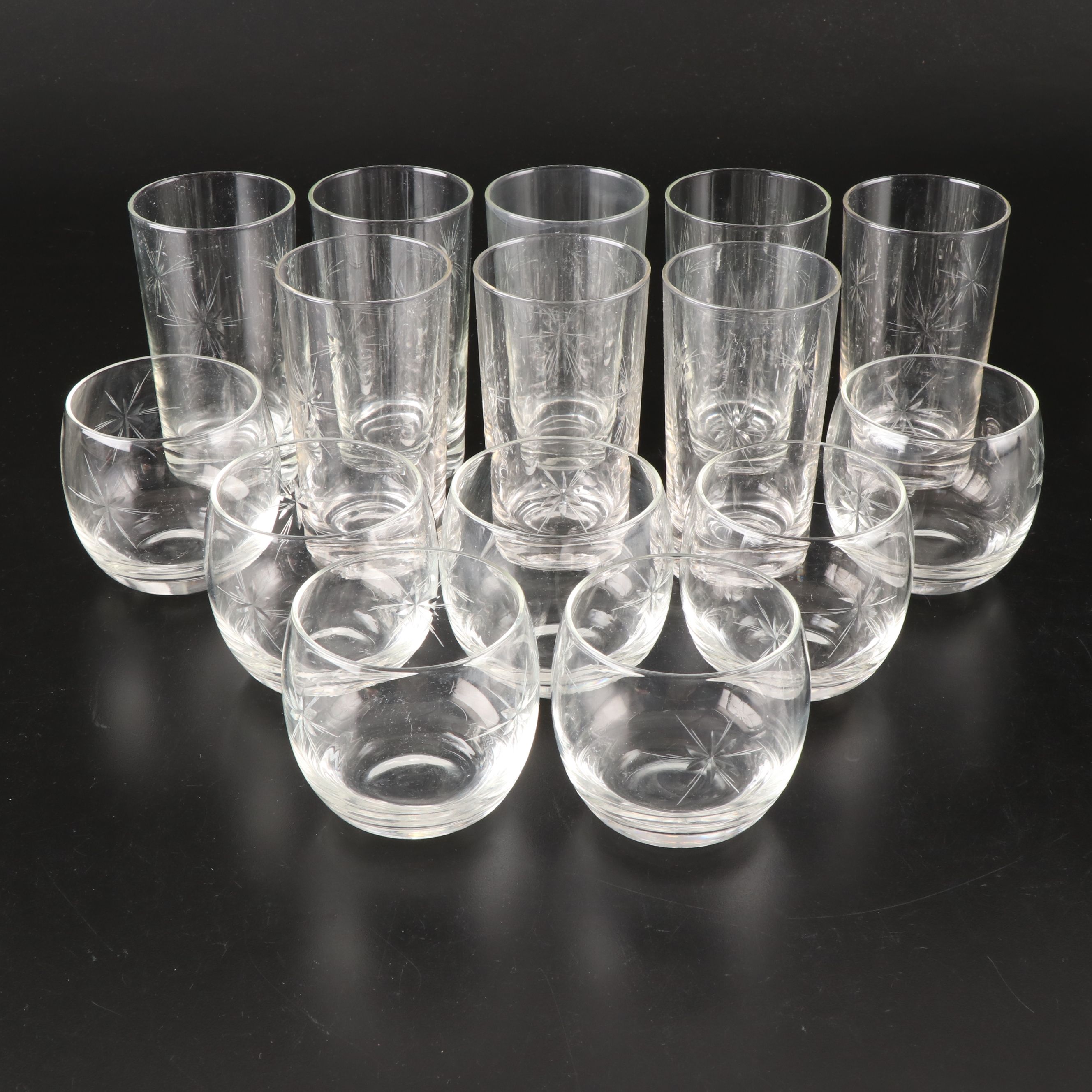 Etched Glass Highball and Old Fashioned Glasses