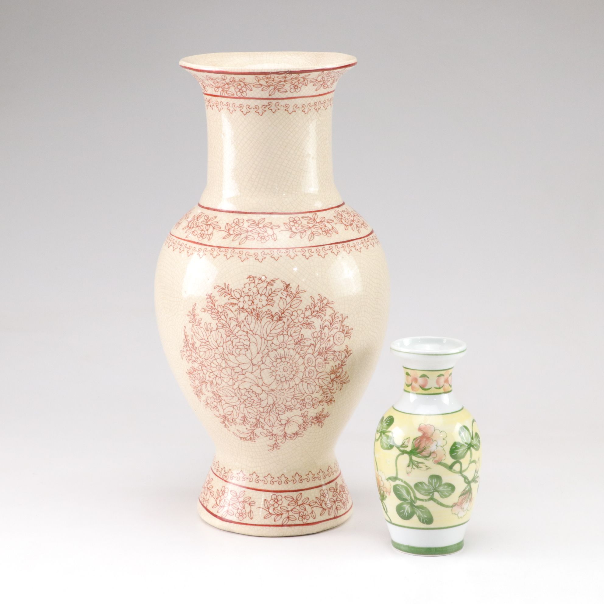 Floral Stencil Motif Bouquet Vase with Yellow and Green Bud Vase