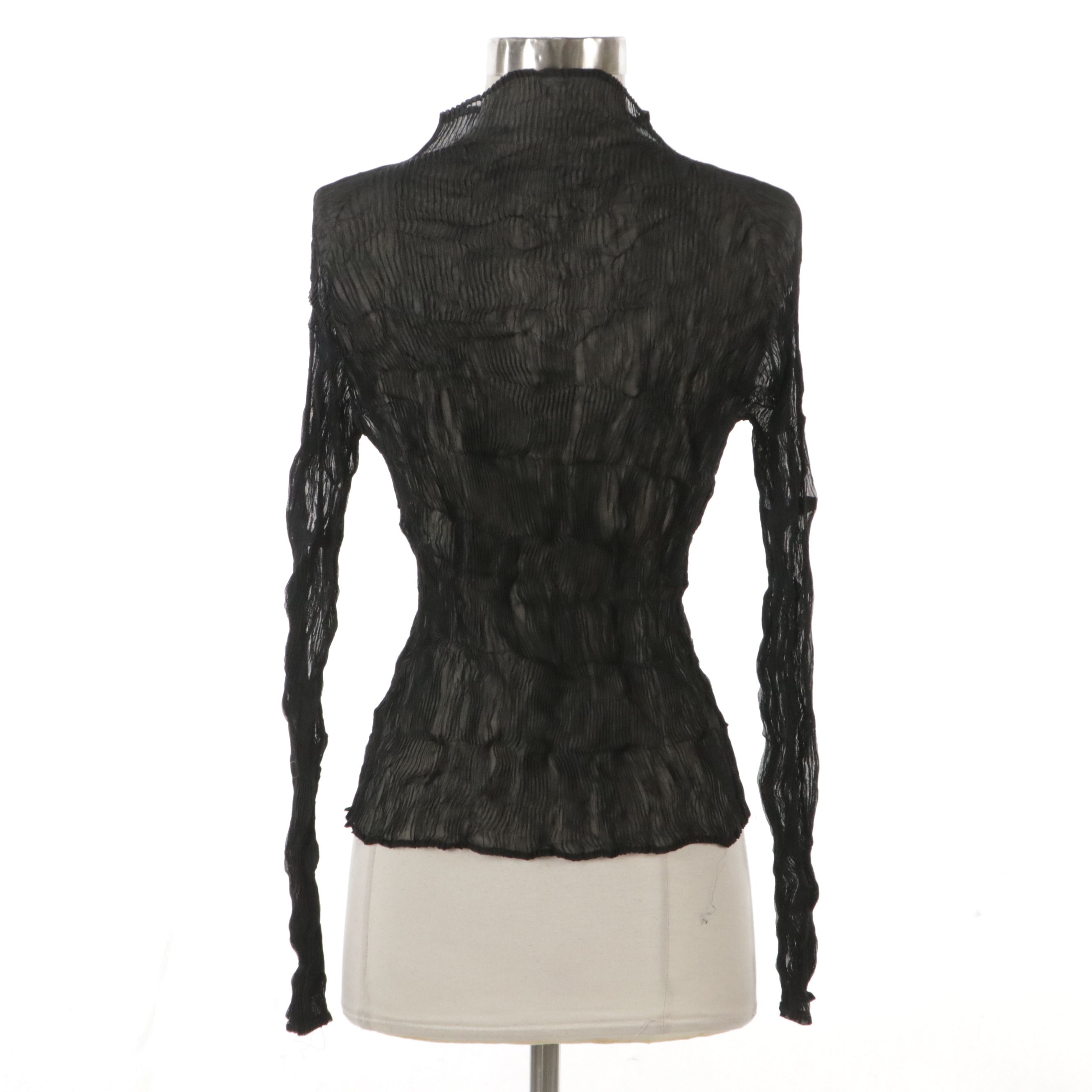 Issey Miyake Black Plissé Silk Long Sleeve Turtleneck Top