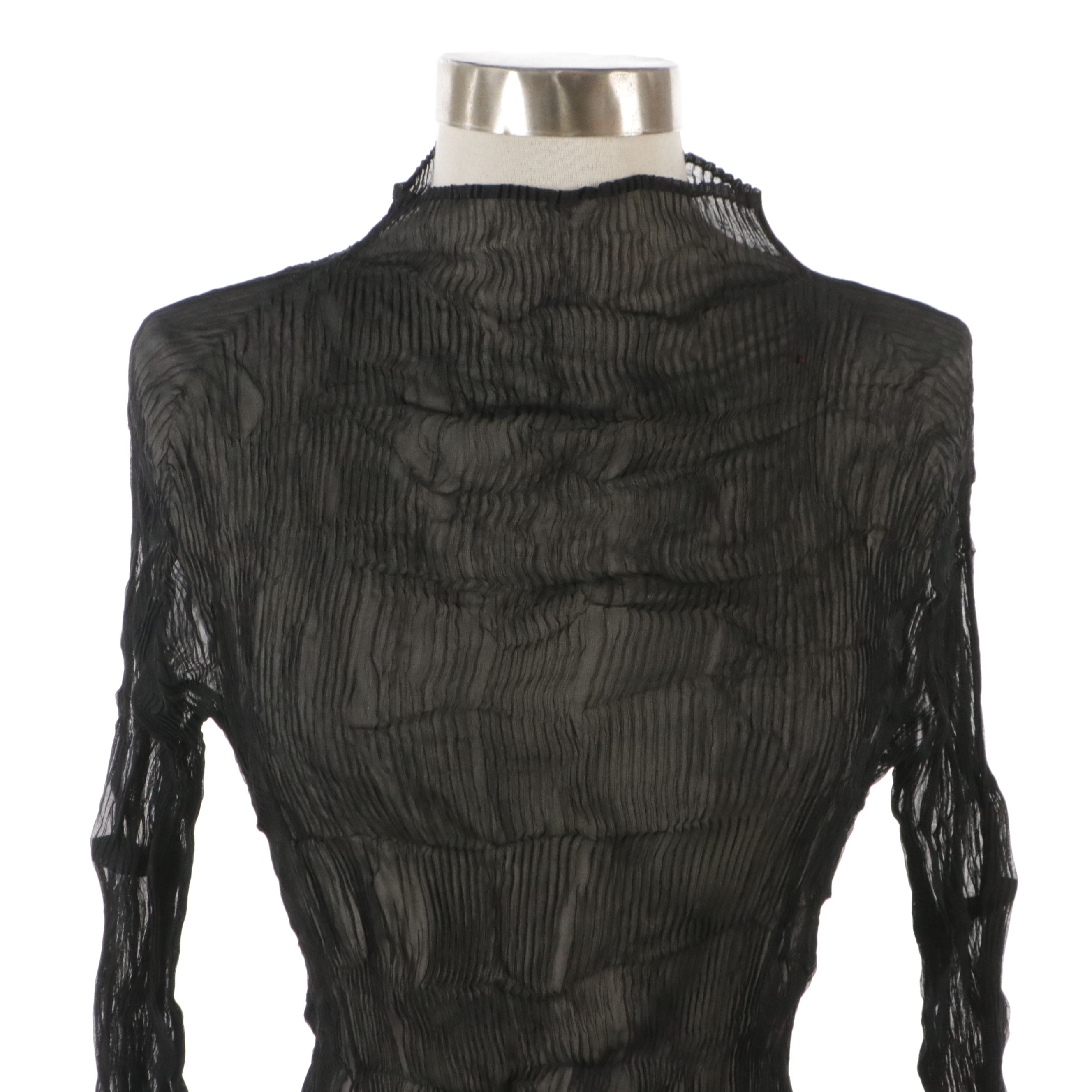 Issey Miyake Black Plissé Silk Long Sleeve Turtleneck Top