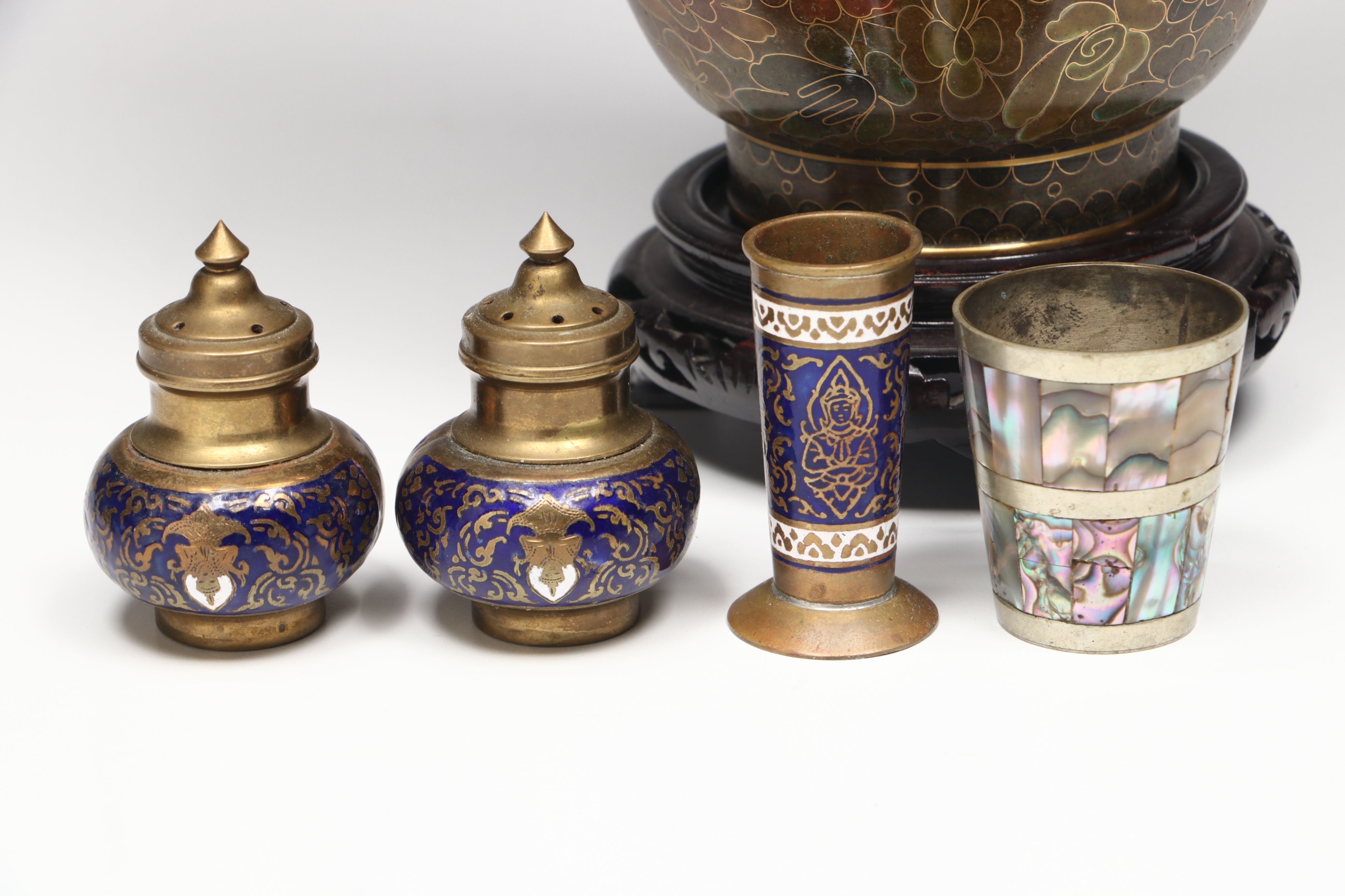 Cloisonné Enamel Vase, Box, and Shakers with More Table Accessories