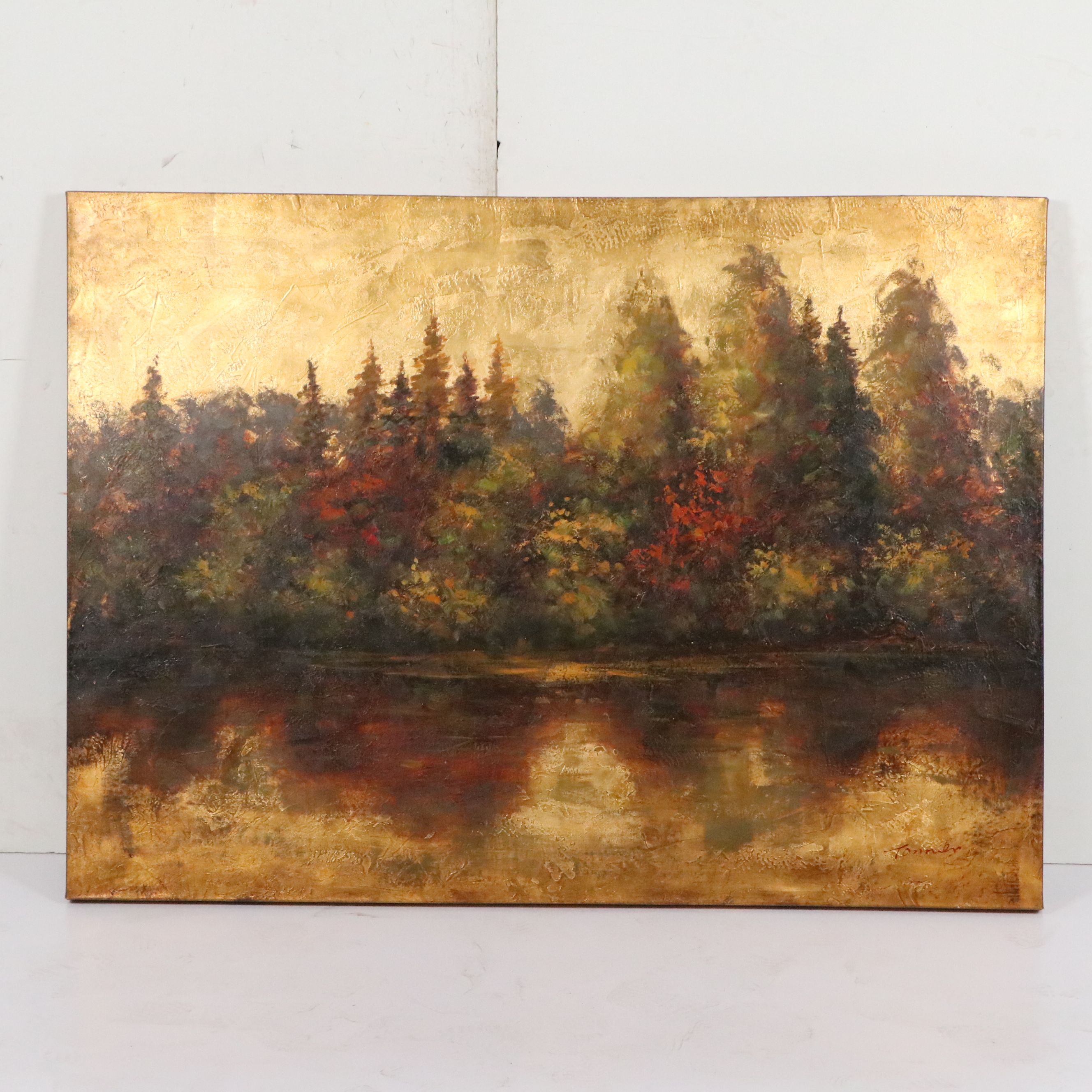 Oil Painting of Autumn Woods and Pond, Late 20th to 21st Century