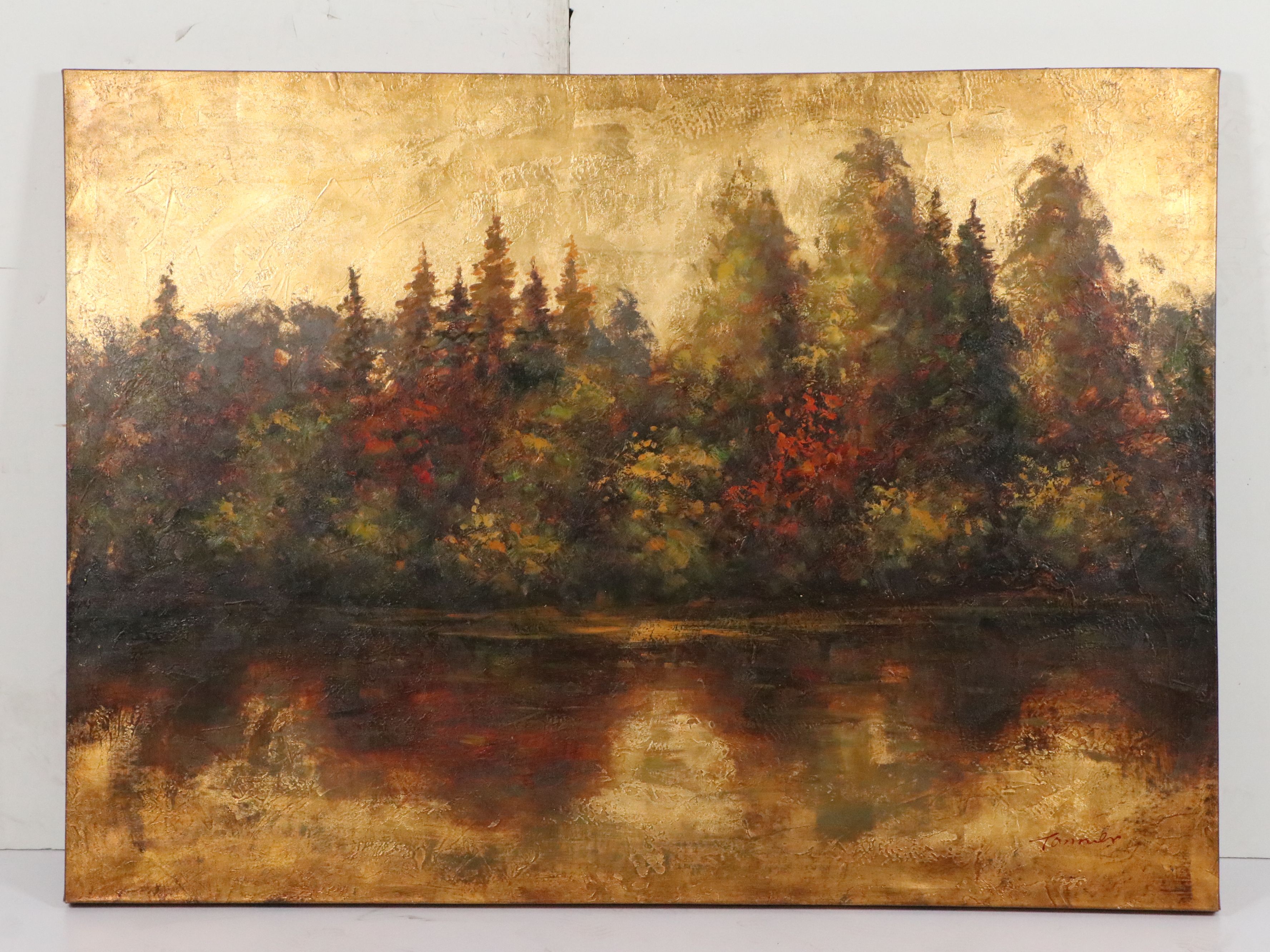 Oil Painting of Autumn Woods and Pond, Late 20th to 21st Century