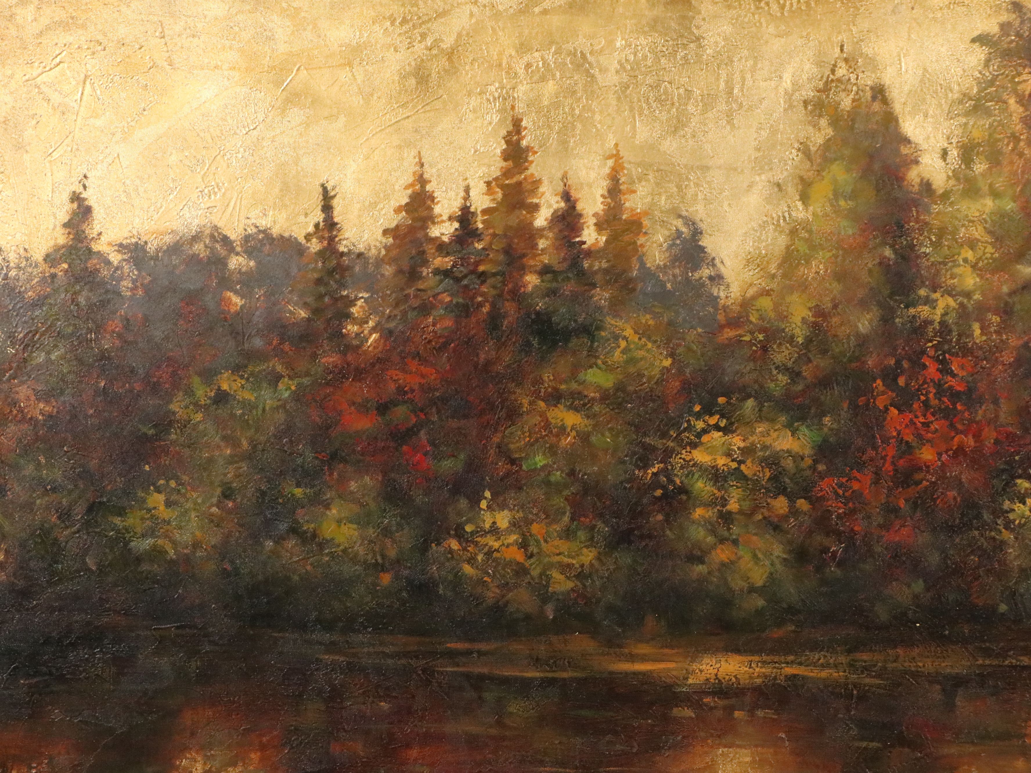 Oil Painting of Autumn Woods and Pond, Late 20th to 21st Century