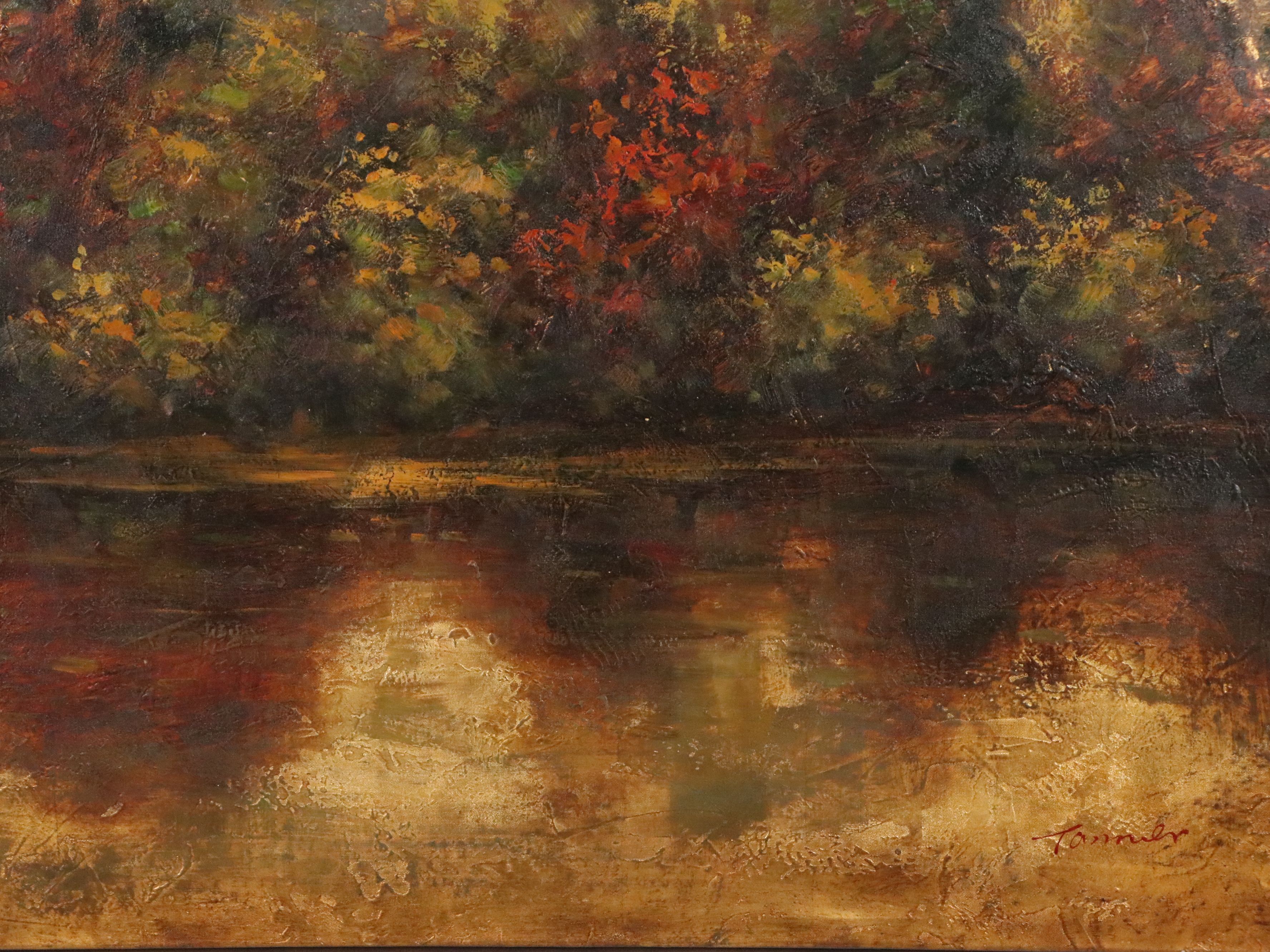 Oil Painting of Autumn Woods and Pond, Late 20th to 21st Century