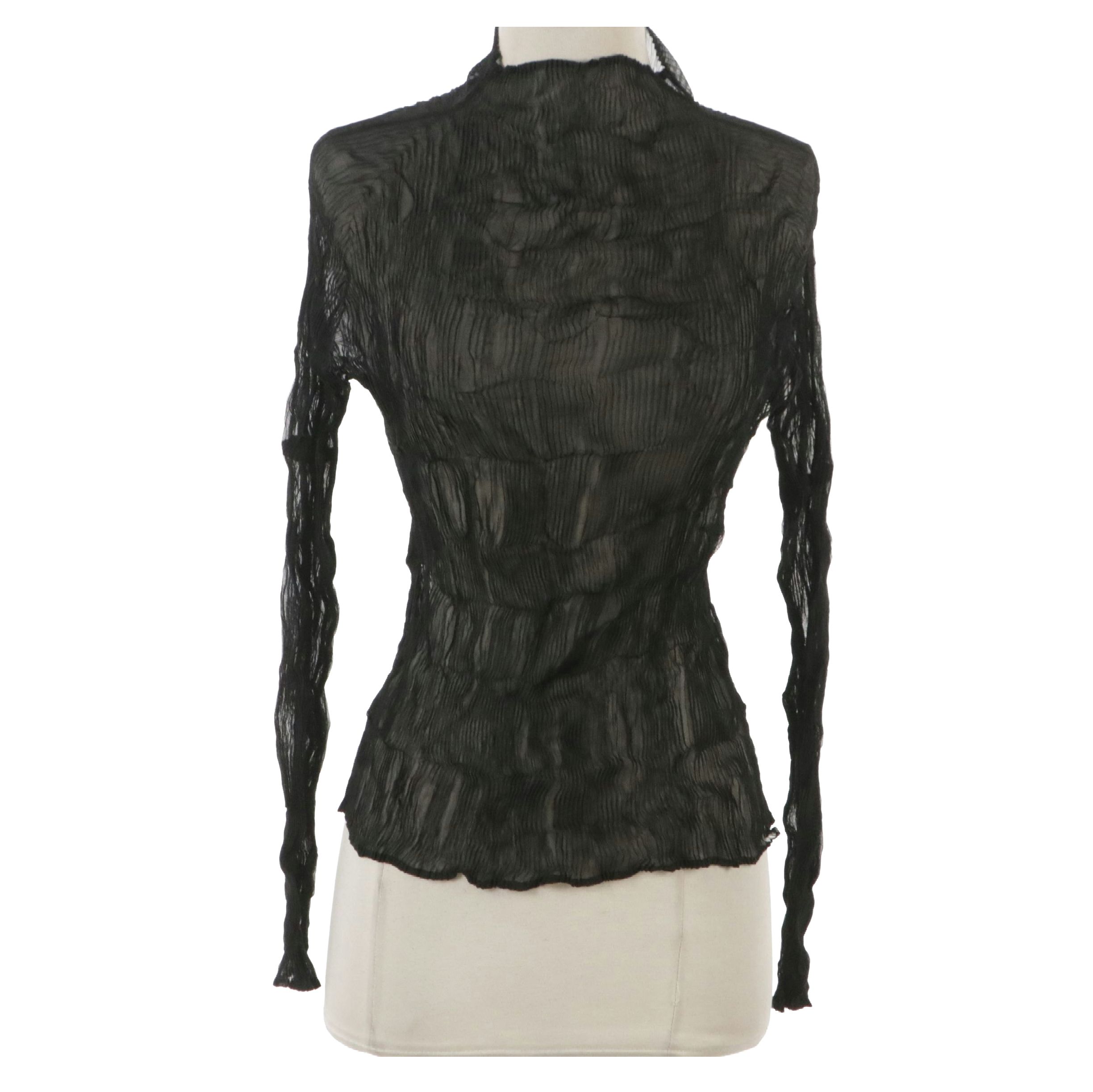 Issey Miyake Black Plissé Silk Long Sleeve Turtleneck Top