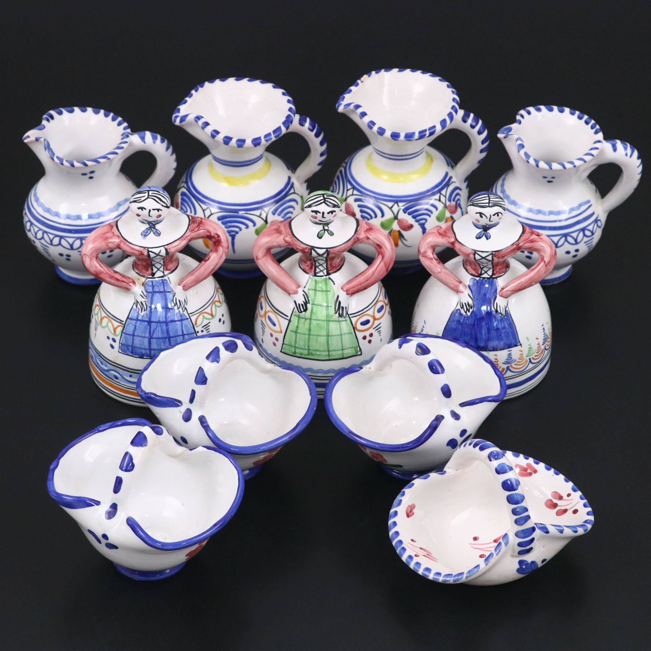 Spanish Talavera Hand-Painted Folk Art Dinner Bells with Jugs and Baskets