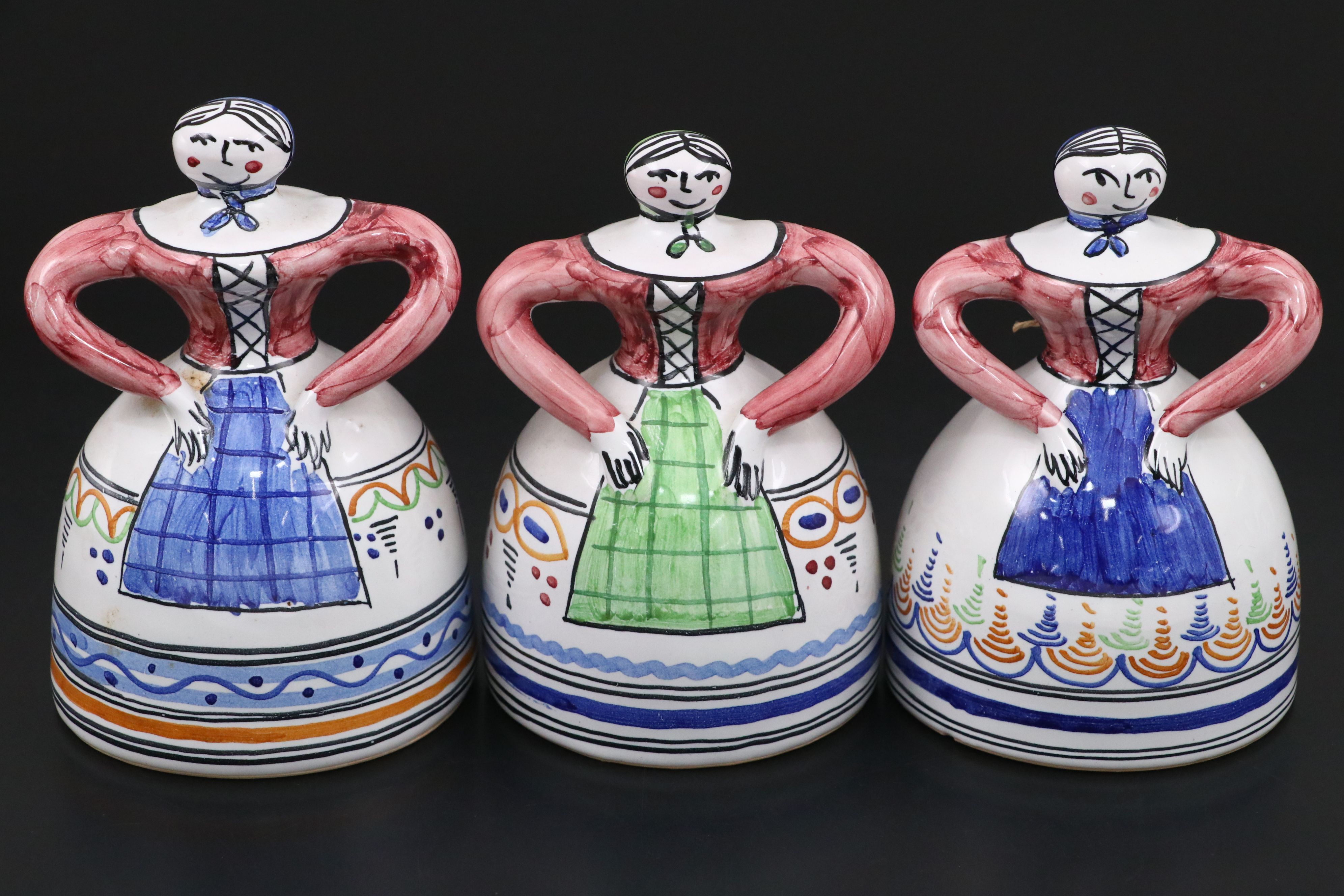 Spanish Talavera Hand-Painted Folk Art Dinner Bells with Jugs and Baskets
