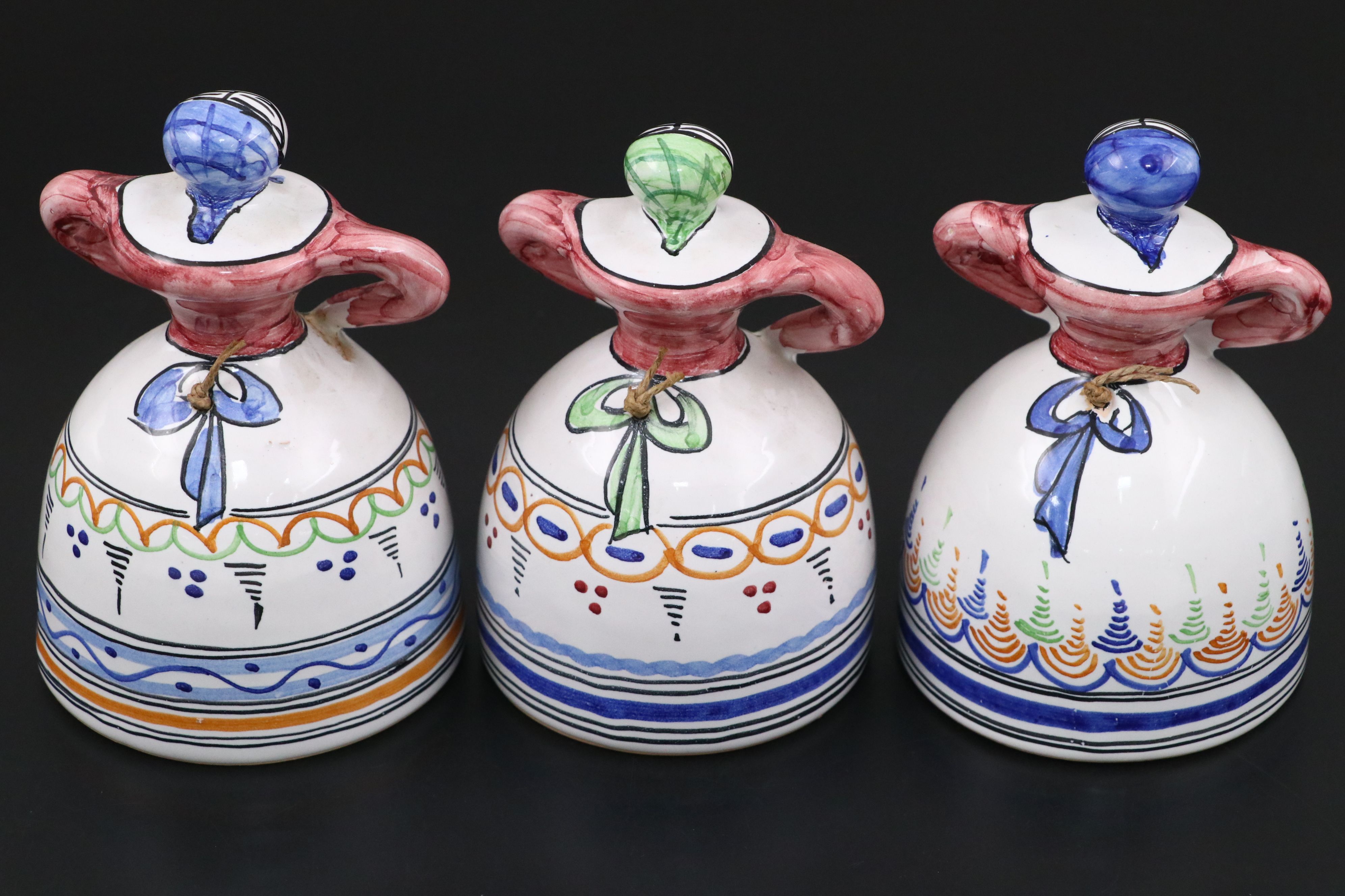 Spanish Talavera Hand-Painted Folk Art Dinner Bells with Jugs and Baskets