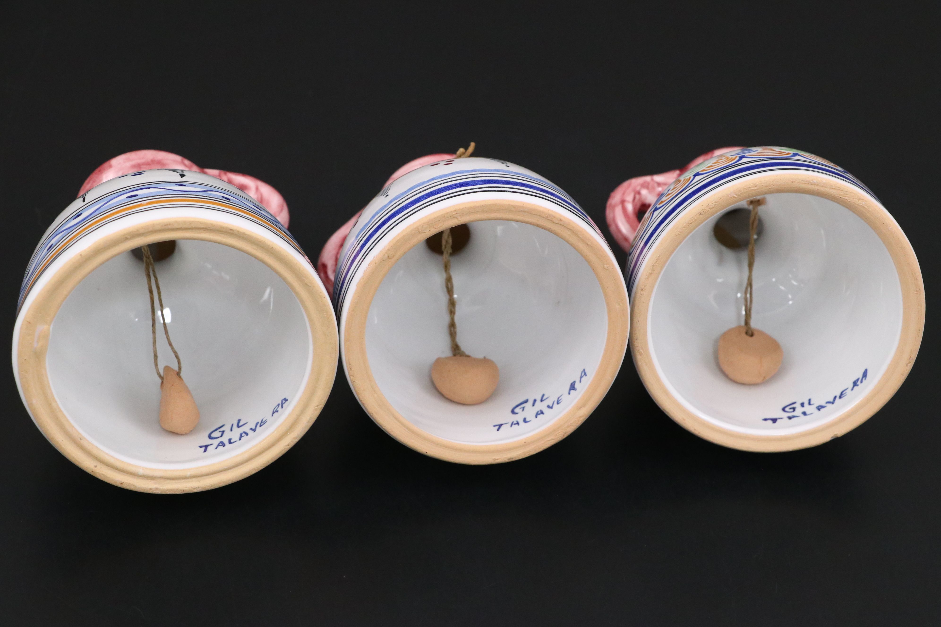 Spanish Talavera Hand-Painted Folk Art Dinner Bells with Jugs and Baskets