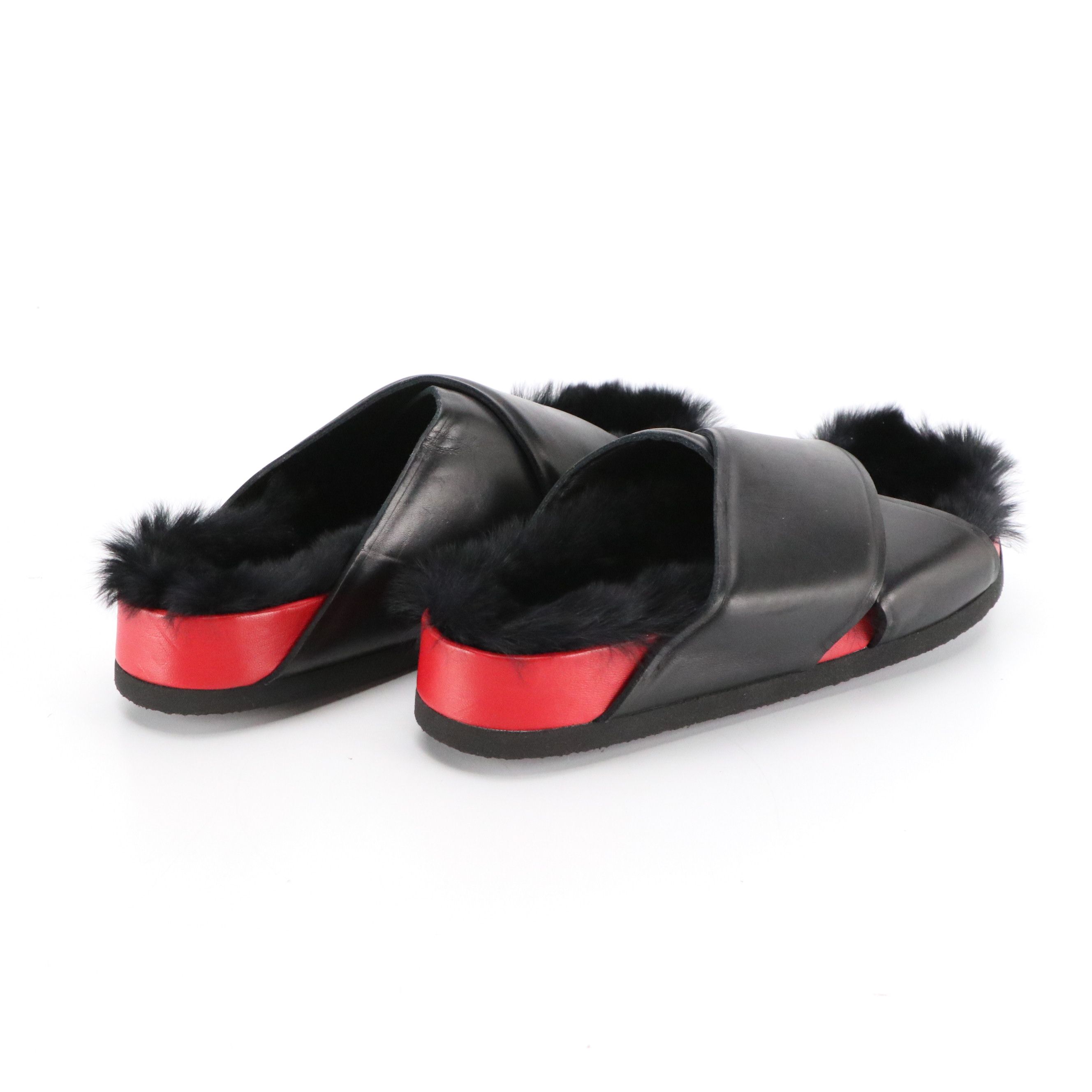 Celine Leather Cross Strap and Fur Sandals in Black/Red