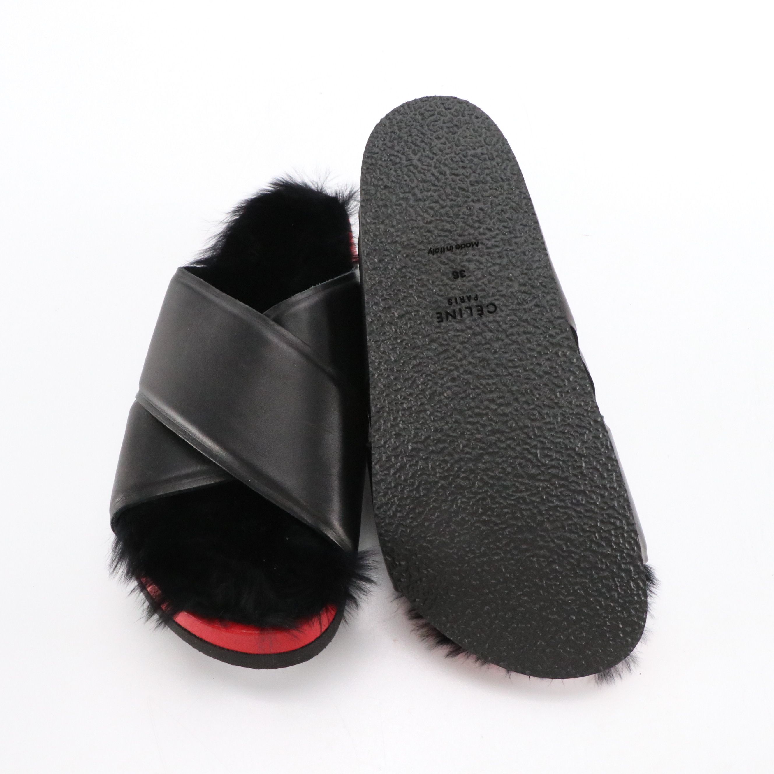 Celine Leather Cross Strap and Fur Sandals in Black/Red