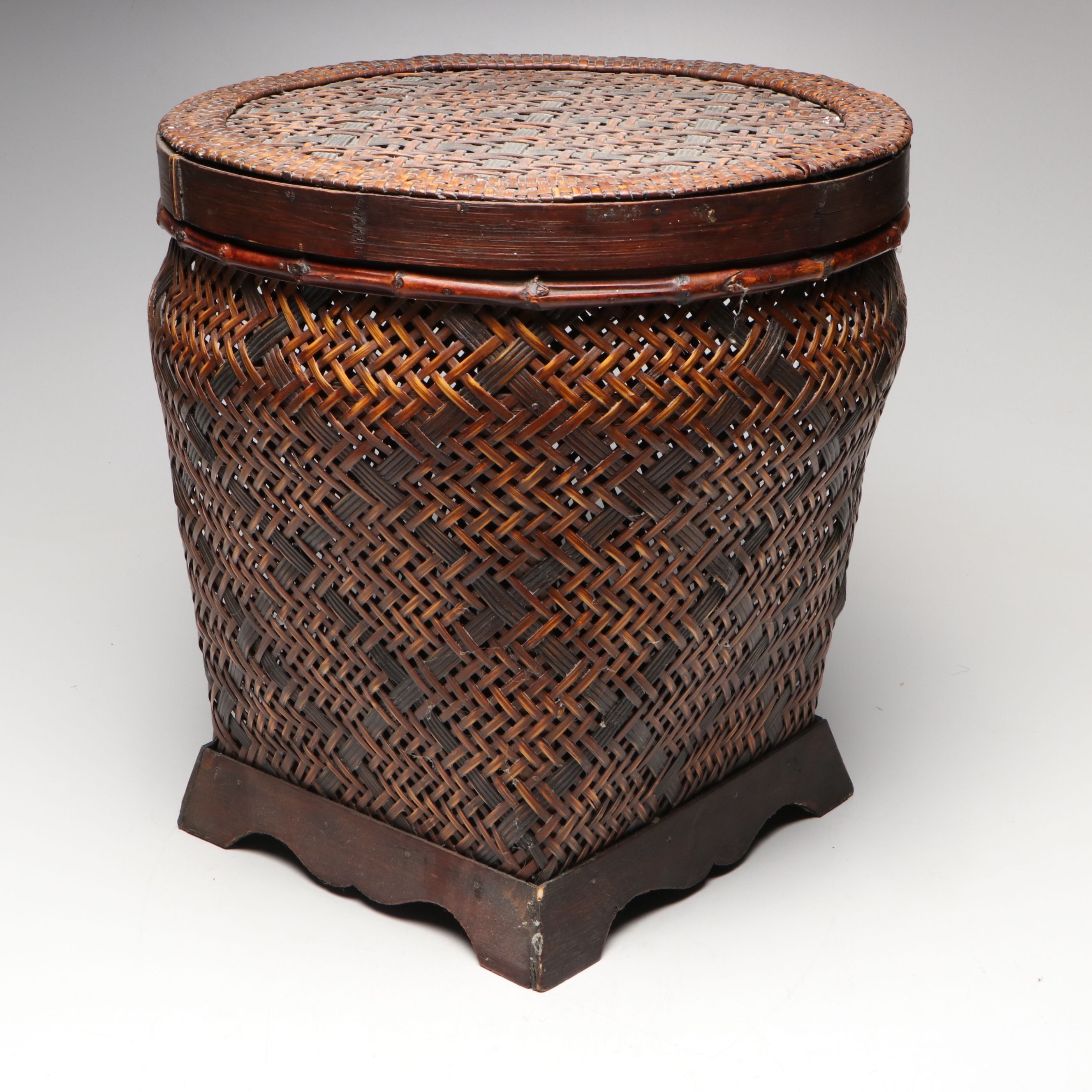 Chinese Handwoven Rattan and Bamboo Lidded Basket