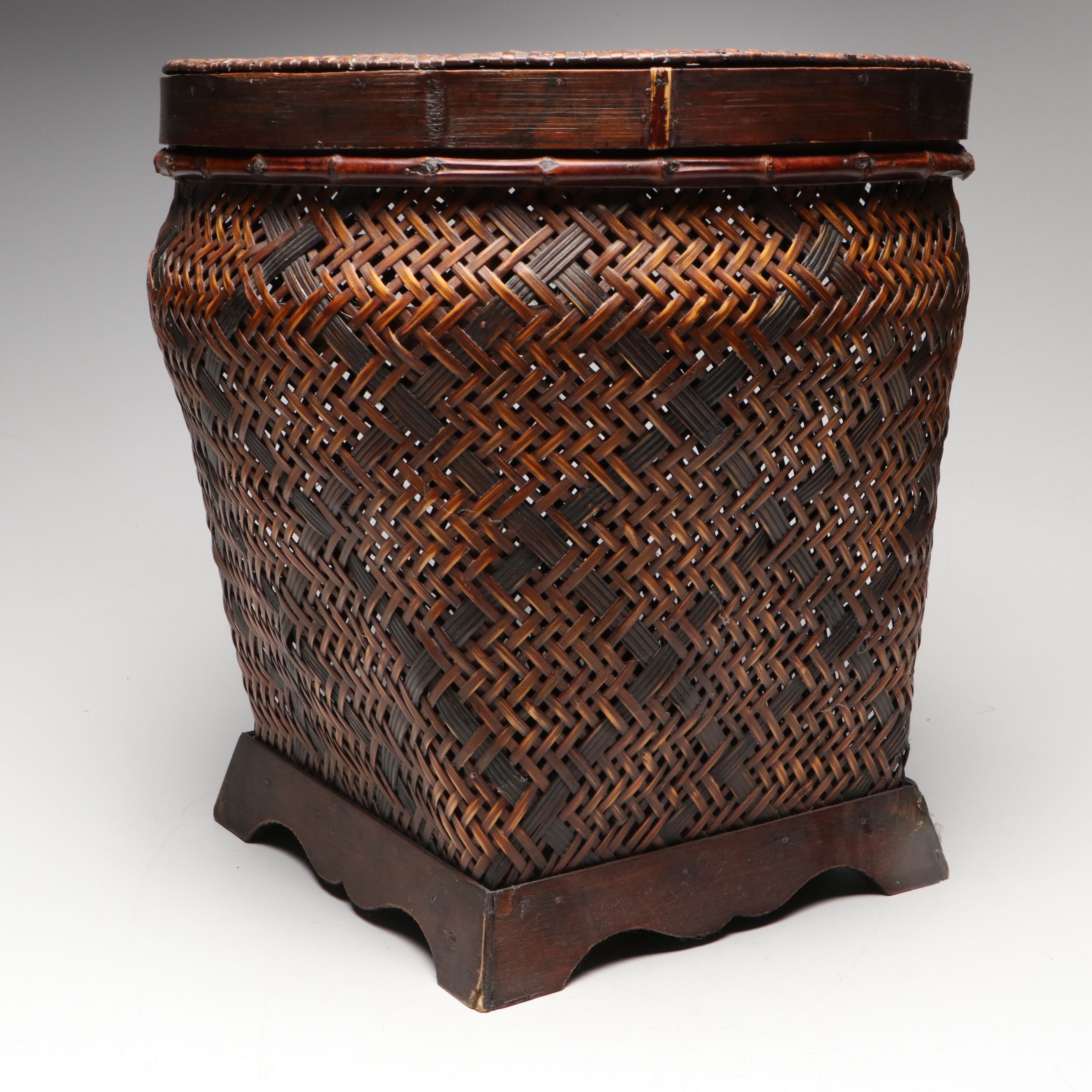 Chinese Handwoven Rattan and Bamboo Lidded Basket