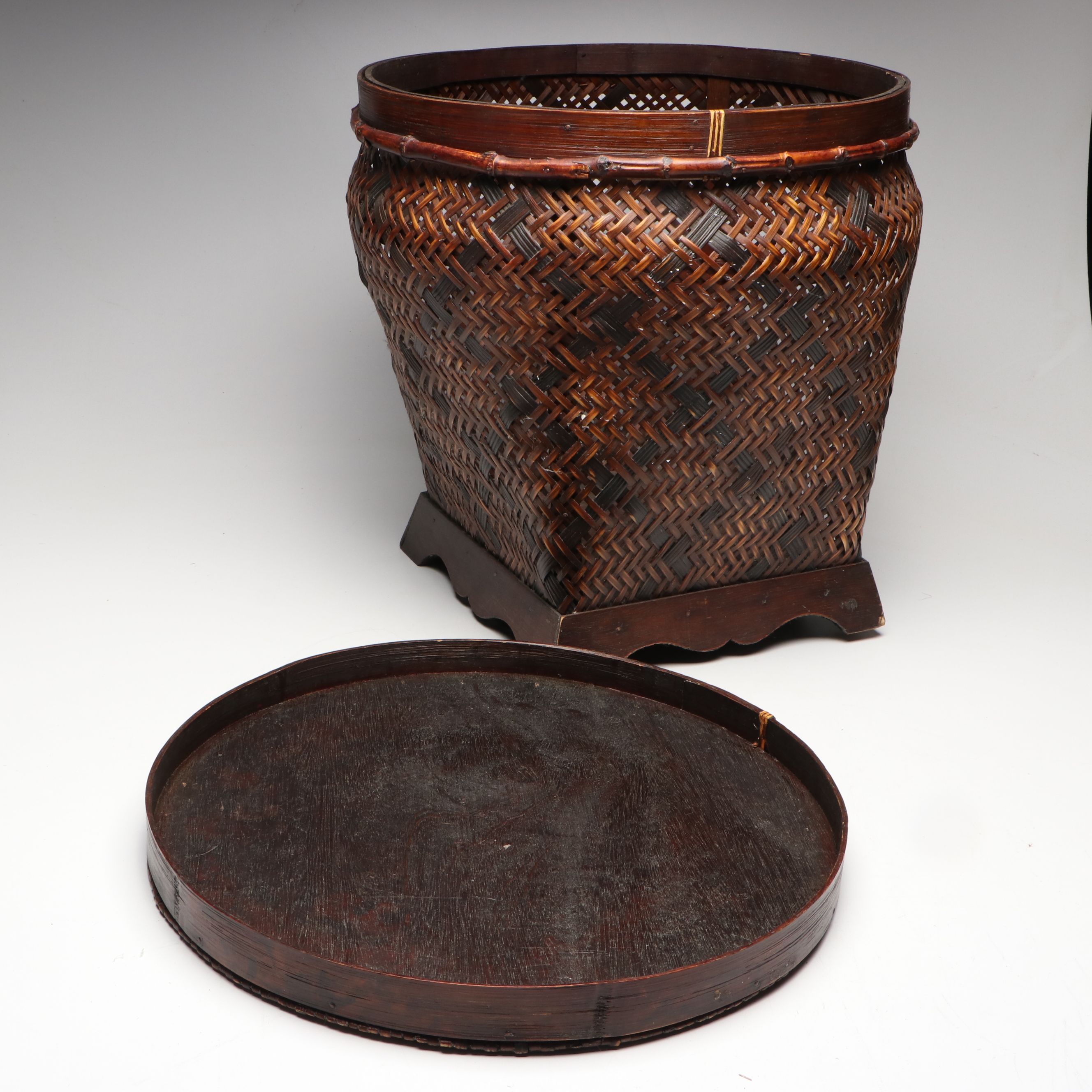 Chinese Handwoven Rattan and Bamboo Lidded Basket