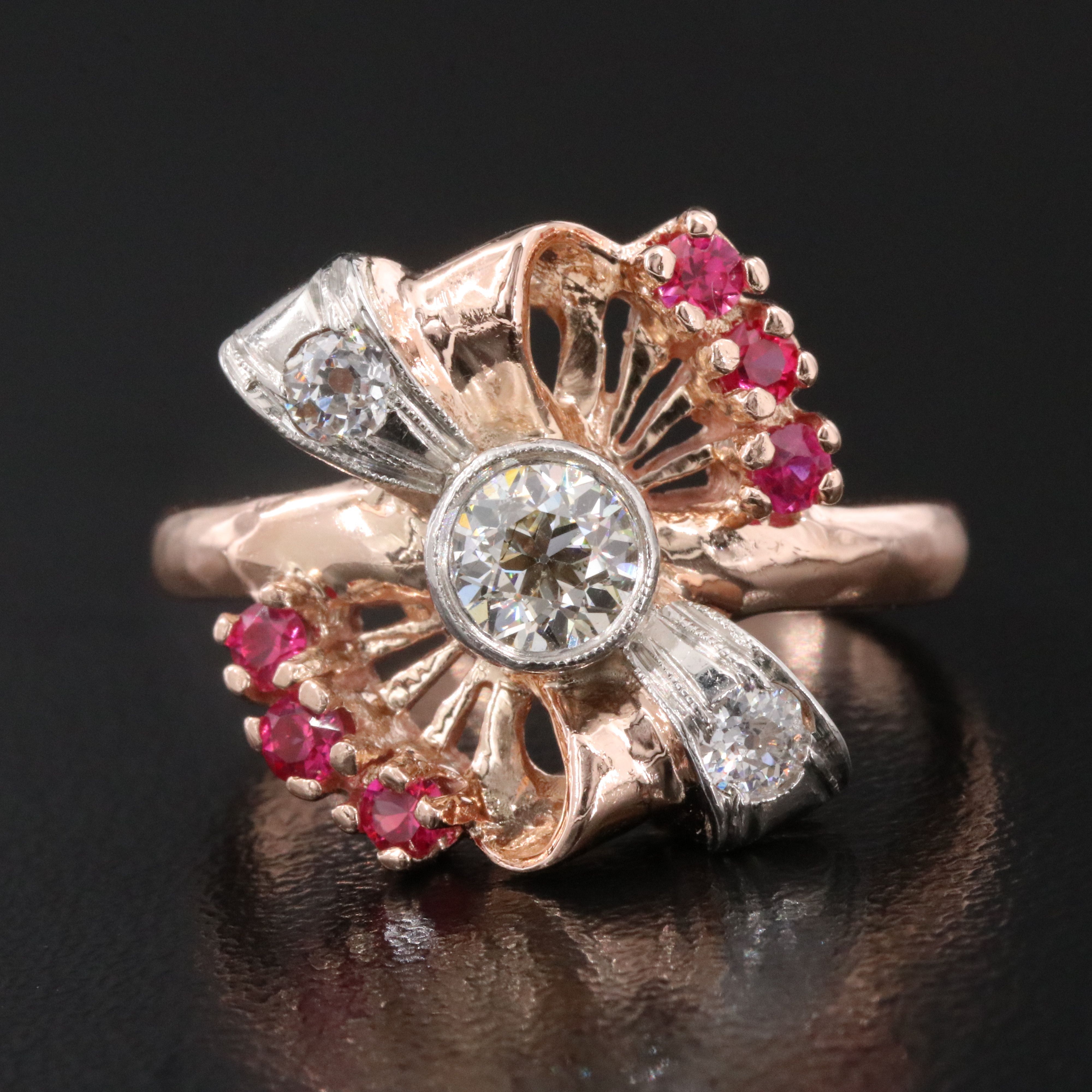 Retro 14K Rose Gold Diamond and Ruby Ring with Palladium Ribbon Accents