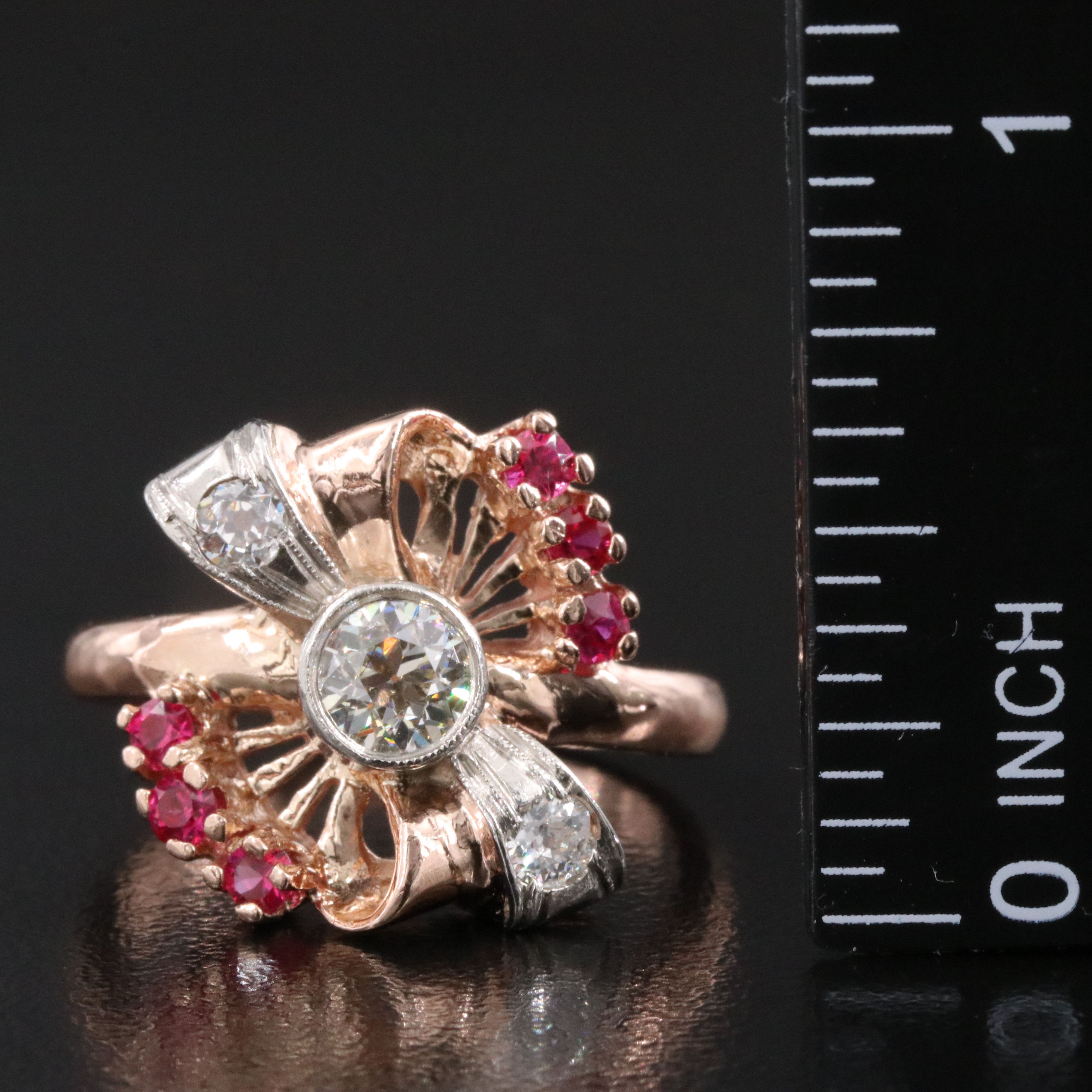 Retro 14K Rose Gold Diamond and Ruby Ring with Palladium Ribbon Accents