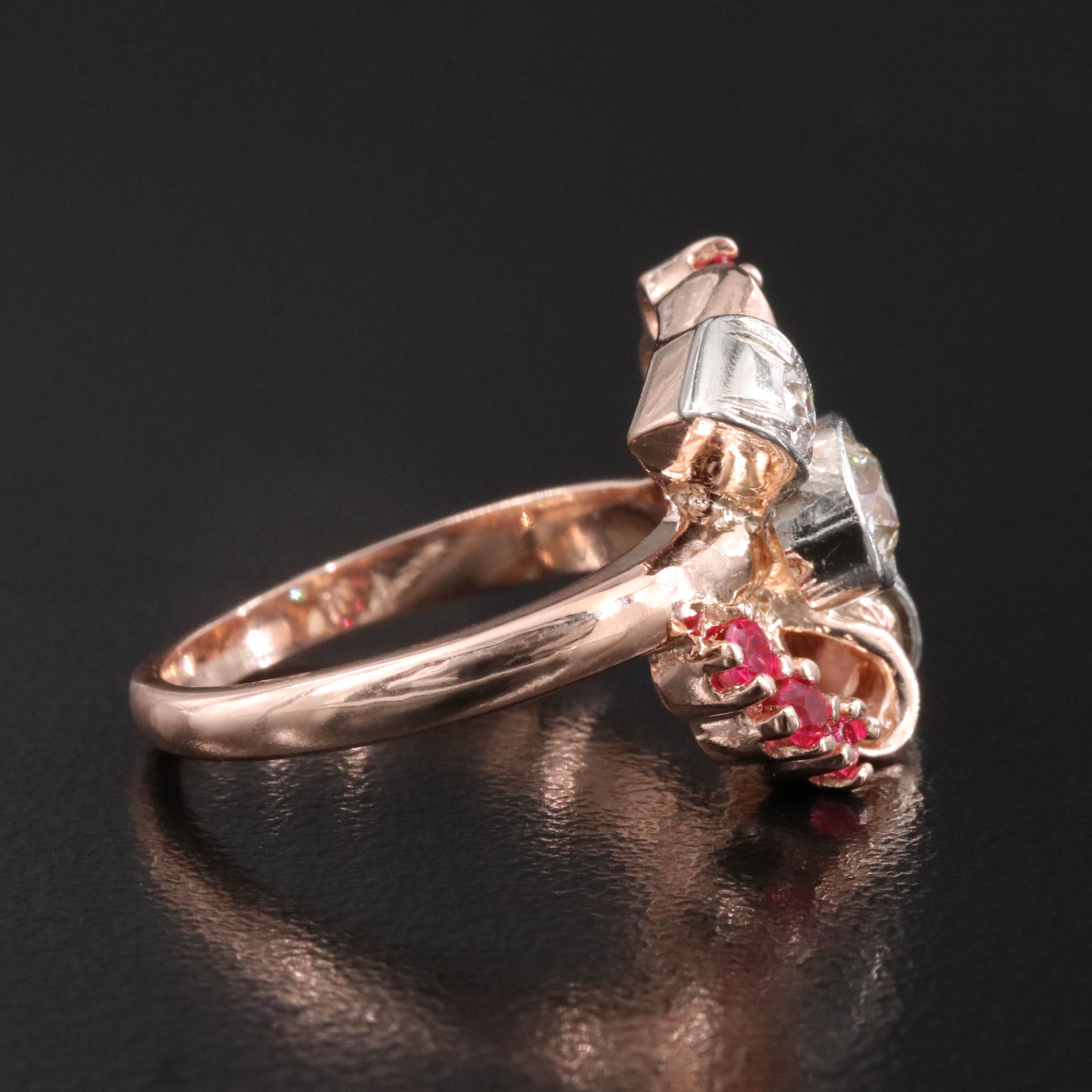 Retro 14K Rose Gold Diamond and Ruby Ring with Palladium Ribbon Accents