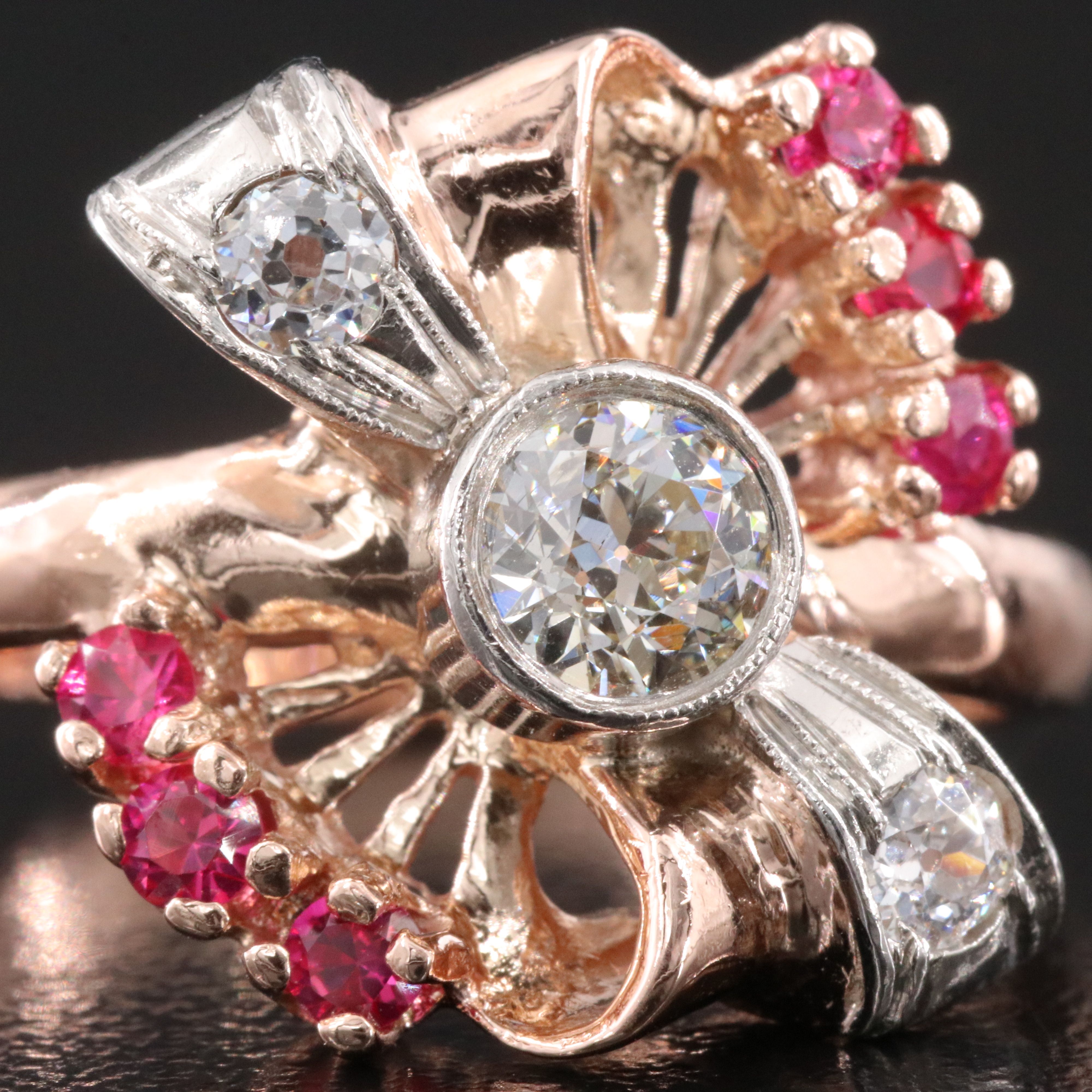 Retro 14K Rose Gold Diamond and Ruby Ring with Palladium Ribbon Accents