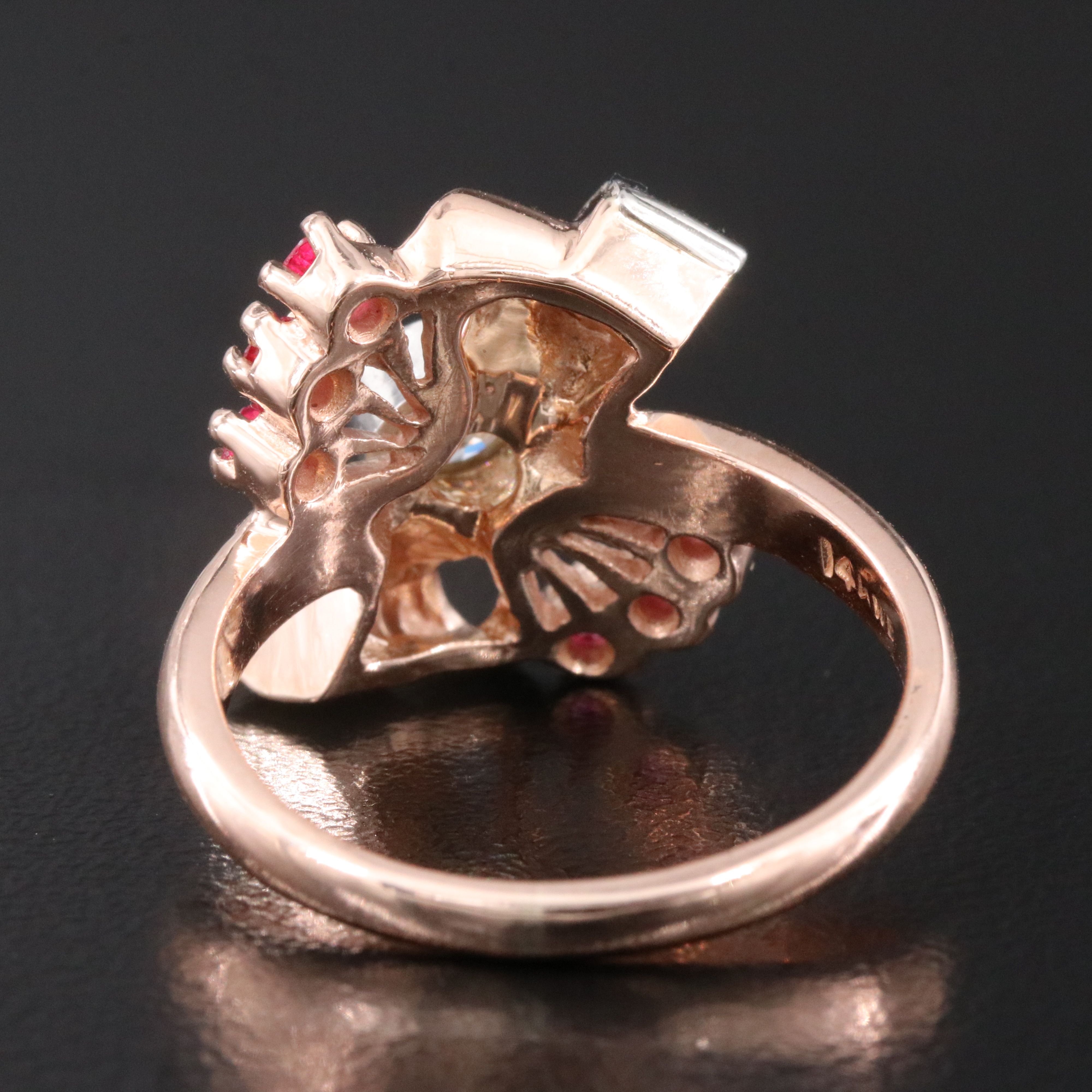 Retro 14K Rose Gold Diamond and Ruby Ring with Palladium Ribbon Accents
