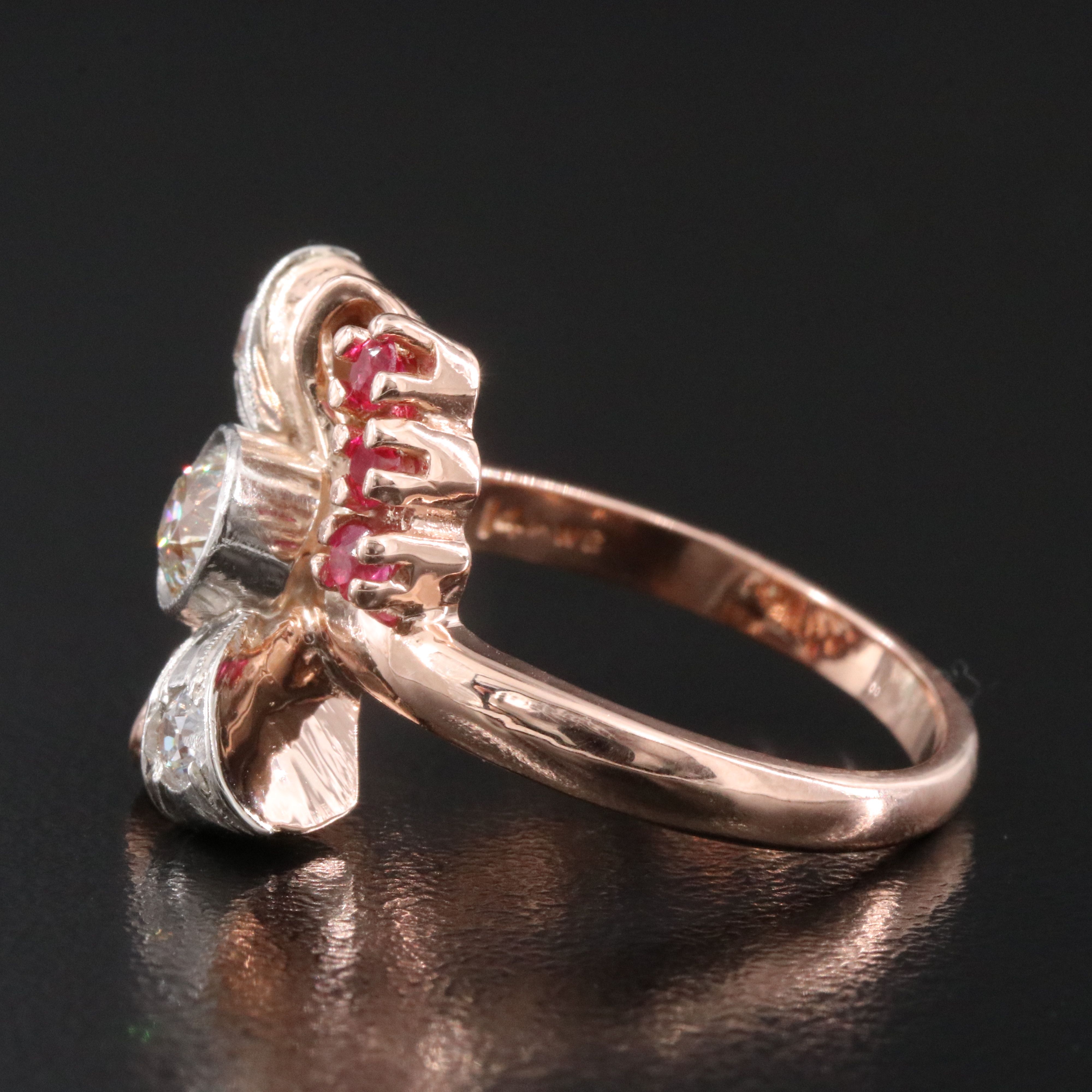 Retro 14K Rose Gold Diamond and Ruby Ring with Palladium Ribbon Accents