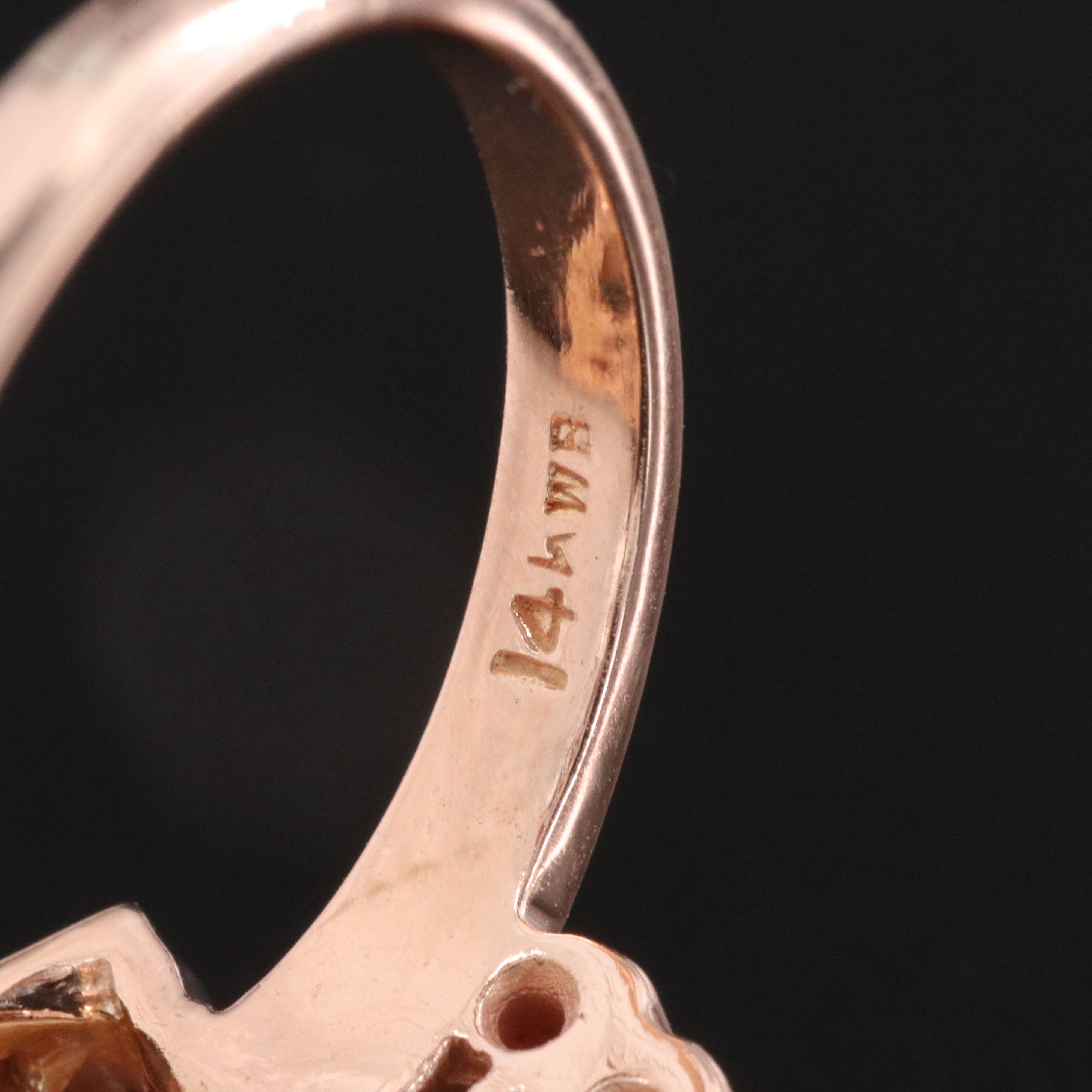 Retro 14K Rose Gold Diamond and Ruby Ring with Palladium Ribbon Accents