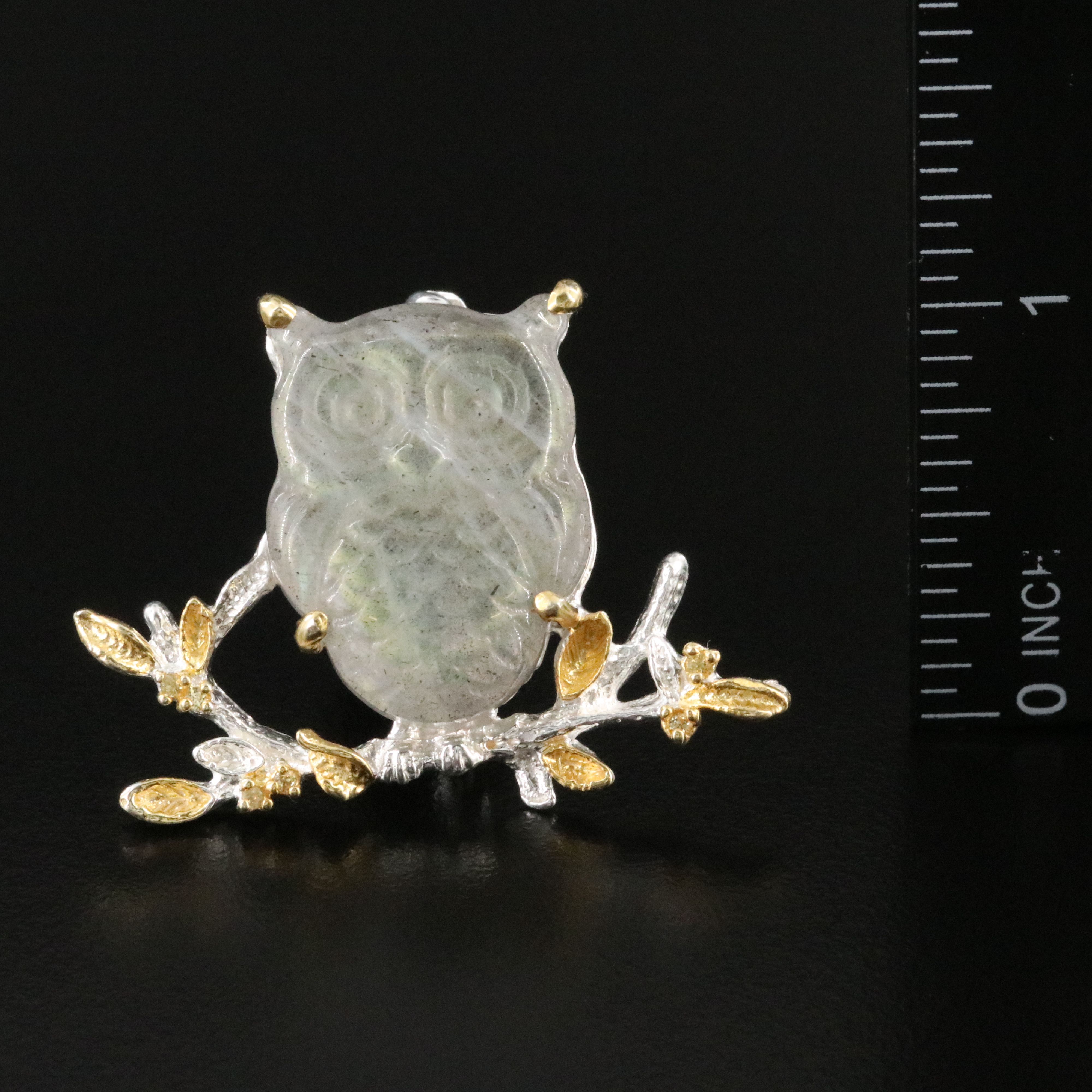 Sterling Labradorite Carved Owl Brooch