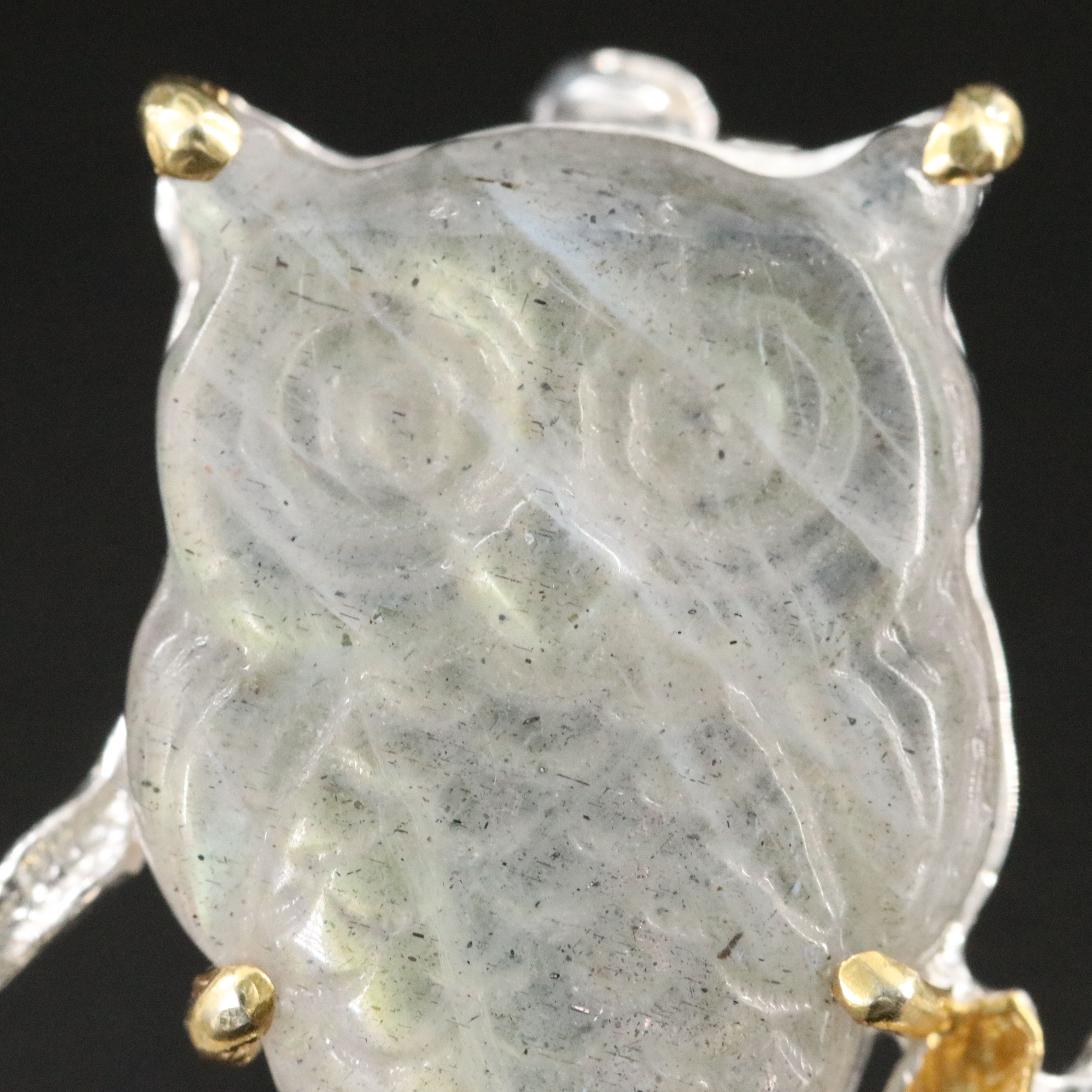 Sterling Labradorite Carved Owl Brooch