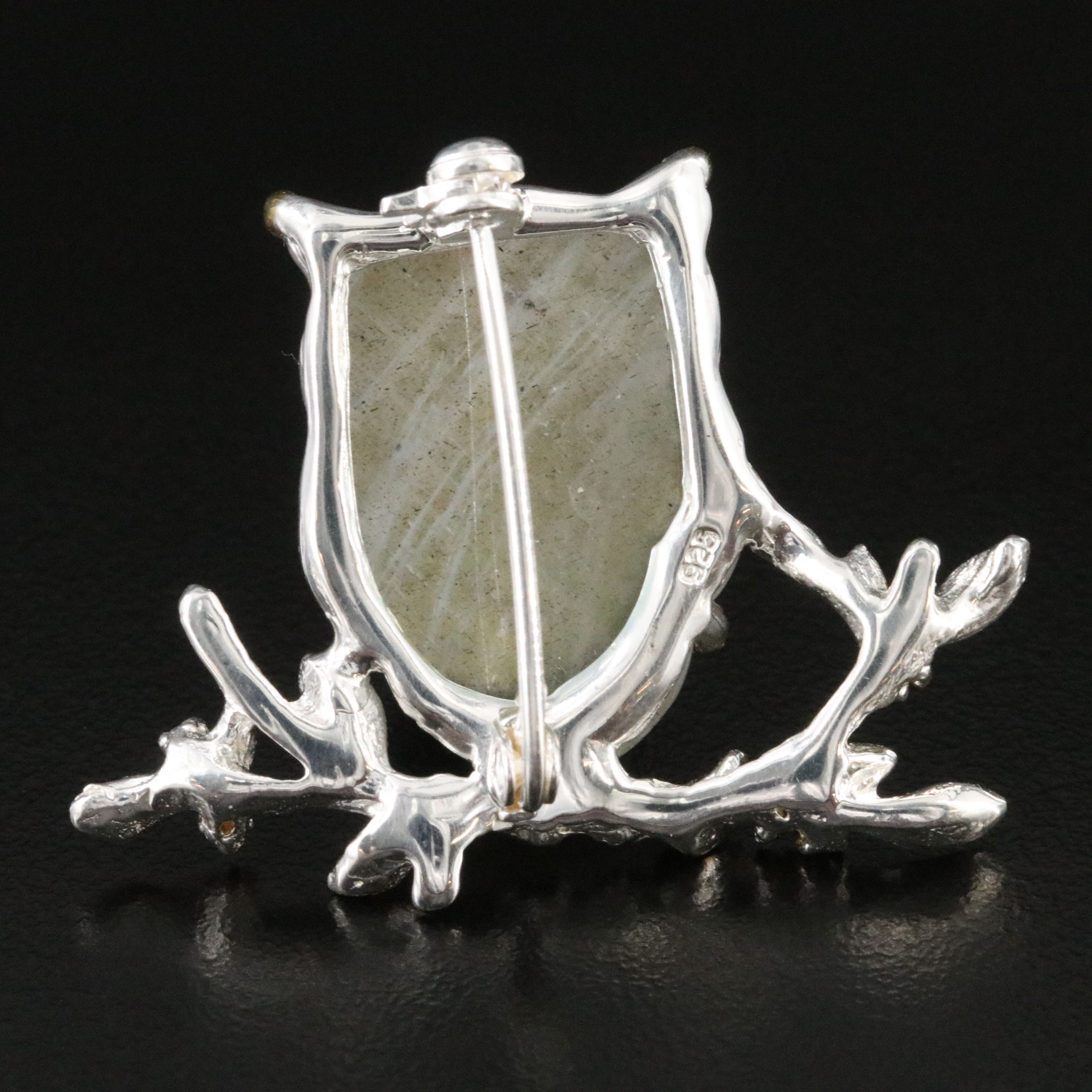 Sterling Labradorite Carved Owl Brooch