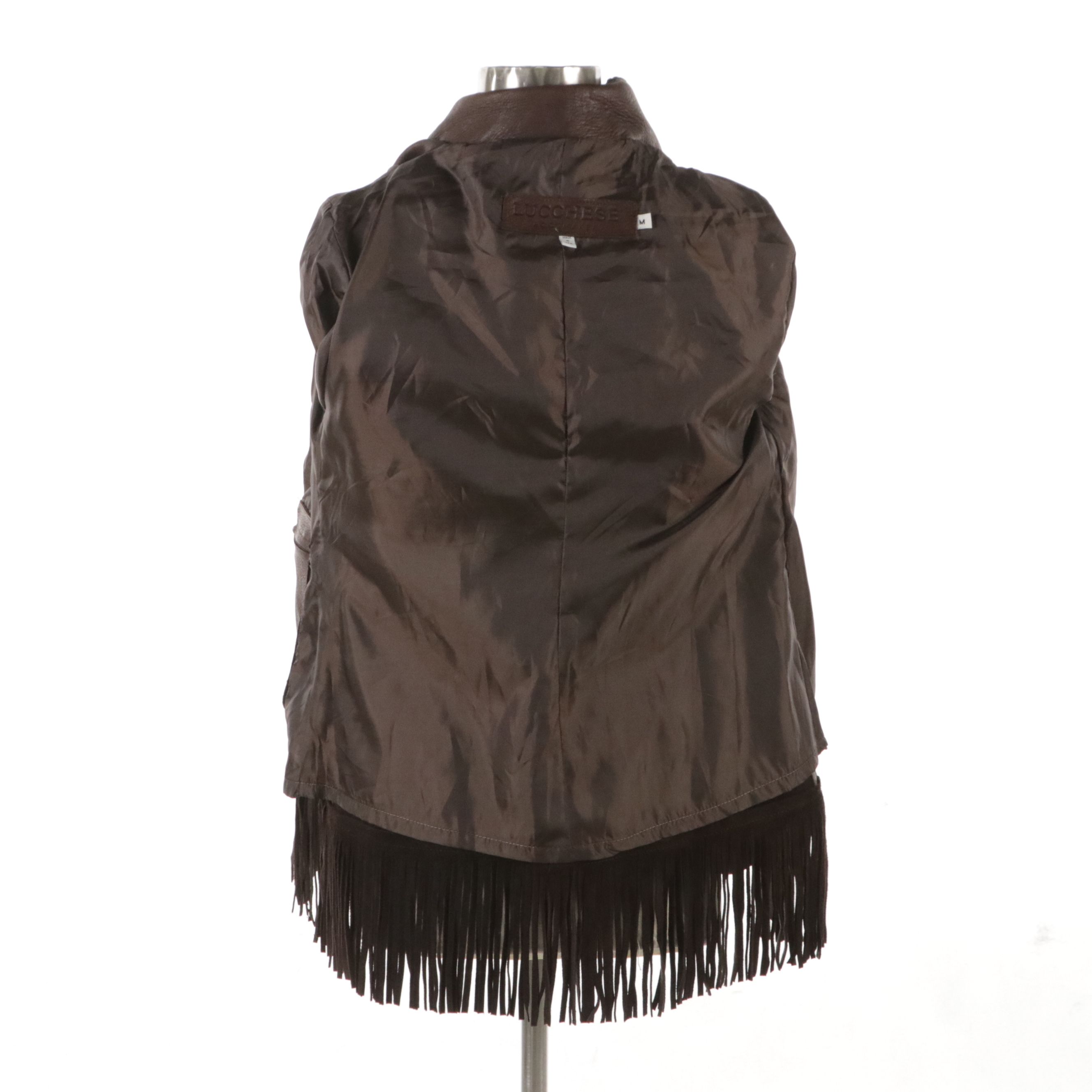 Lucchese Brown Leather Fringed Button-Front Jacket with Blanket Stitch Detail