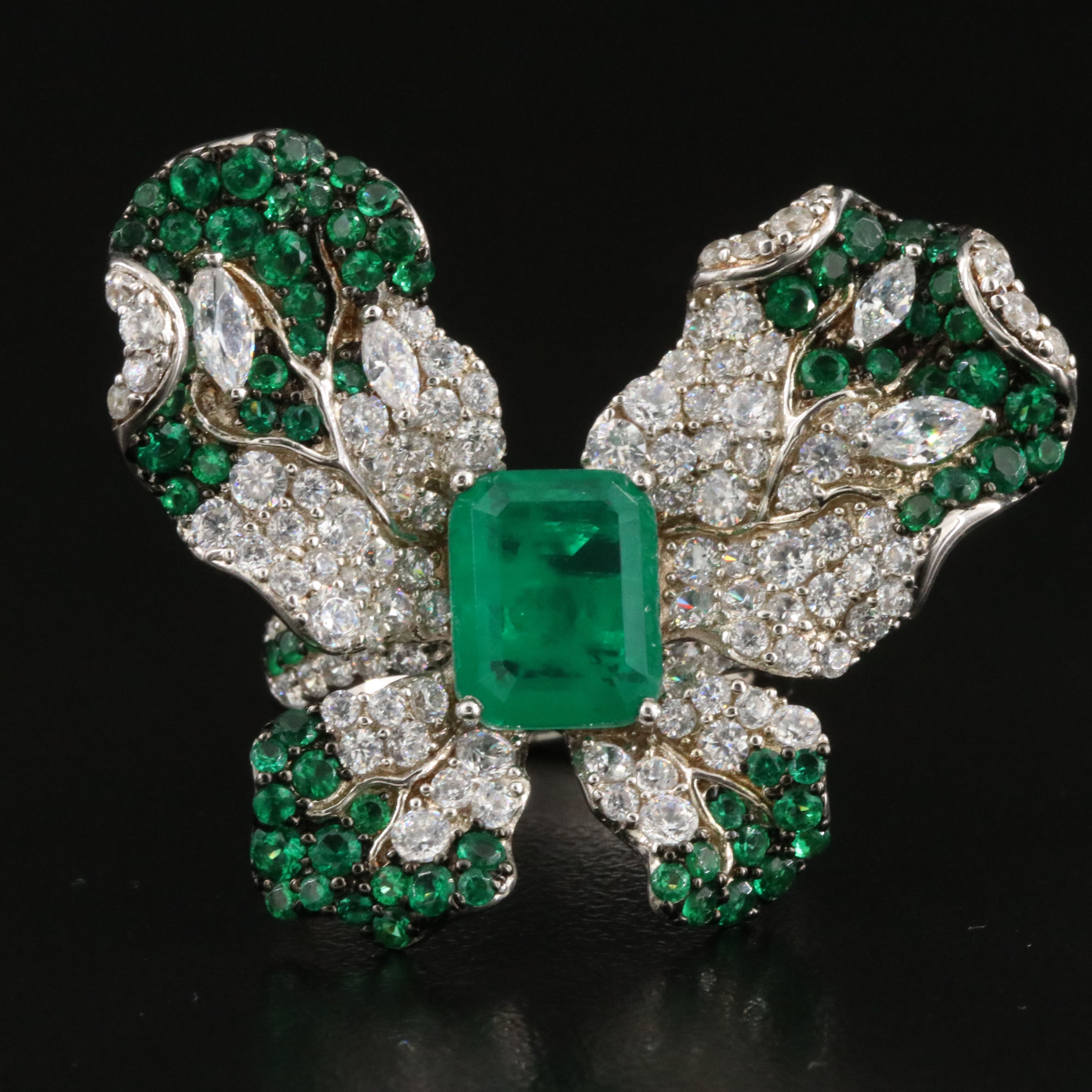 Sterling Faux Emerald and CZ Butterfly Ring