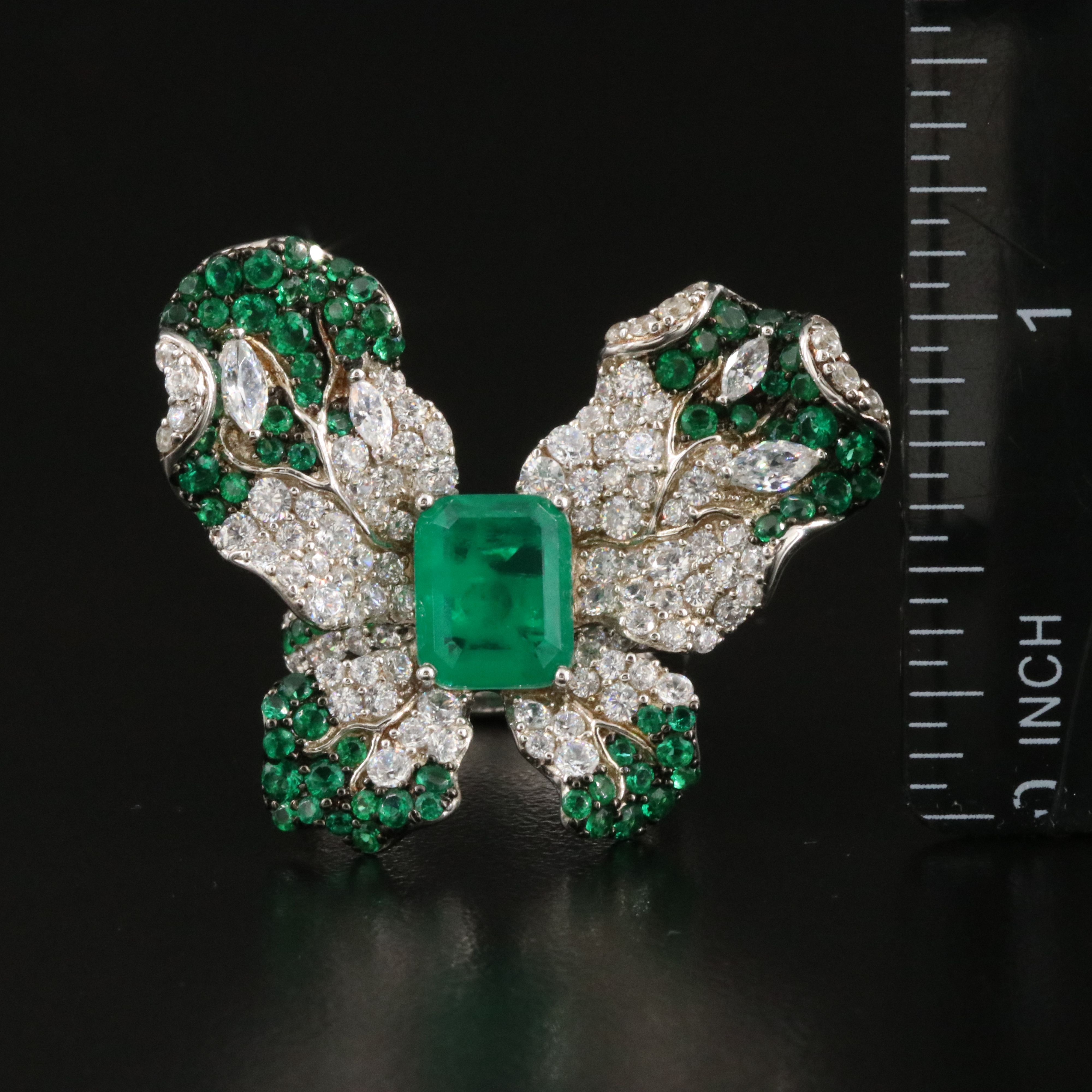 Sterling Faux Emerald and CZ Butterfly Ring