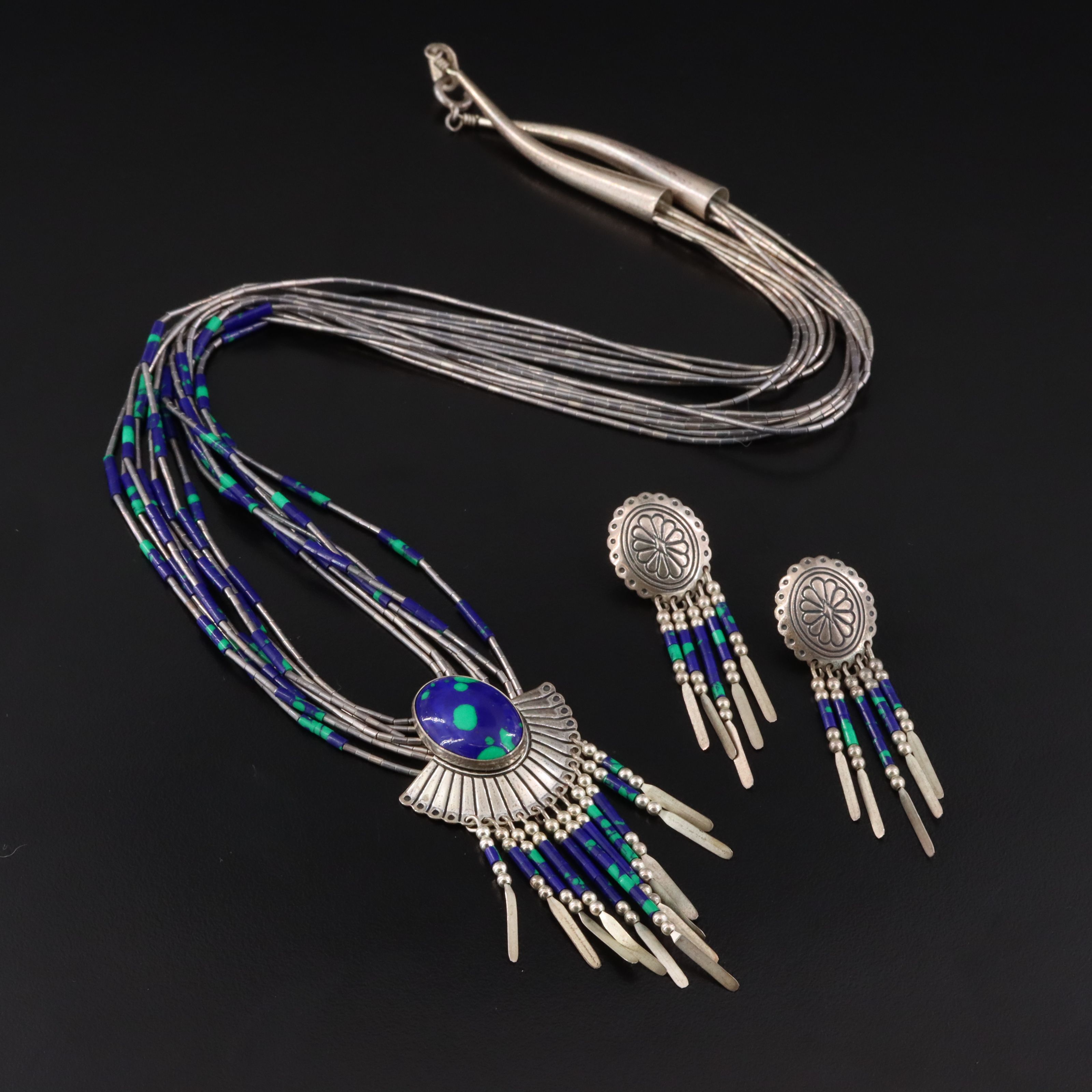 Western Sterling Faux Azuremalachite Necklace and Earring Set