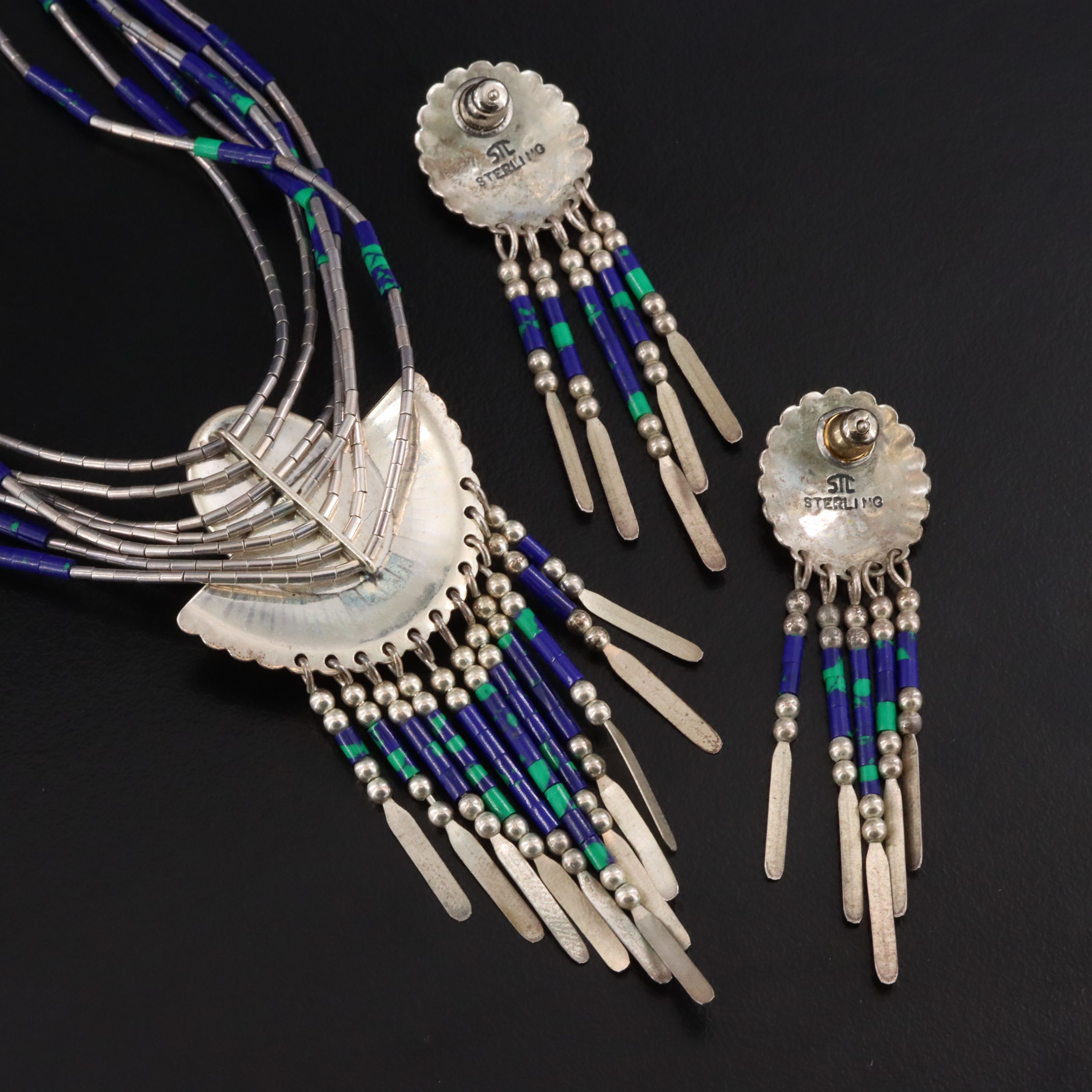 Western Sterling Faux Azuremalachite Necklace and Earring Set