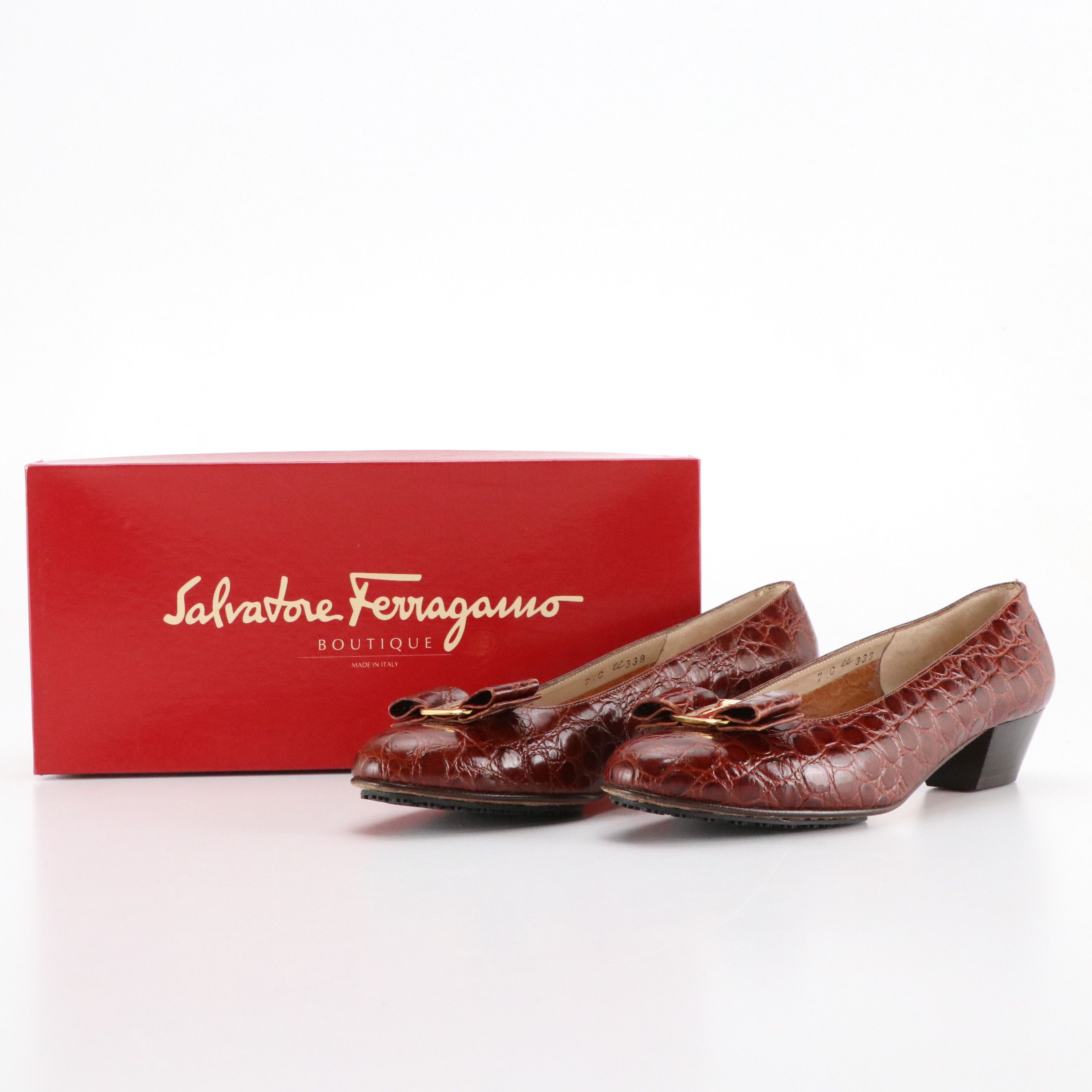Salvatore Ferragamo Vara Bow Pumps in Croc Embossed Leather with Box