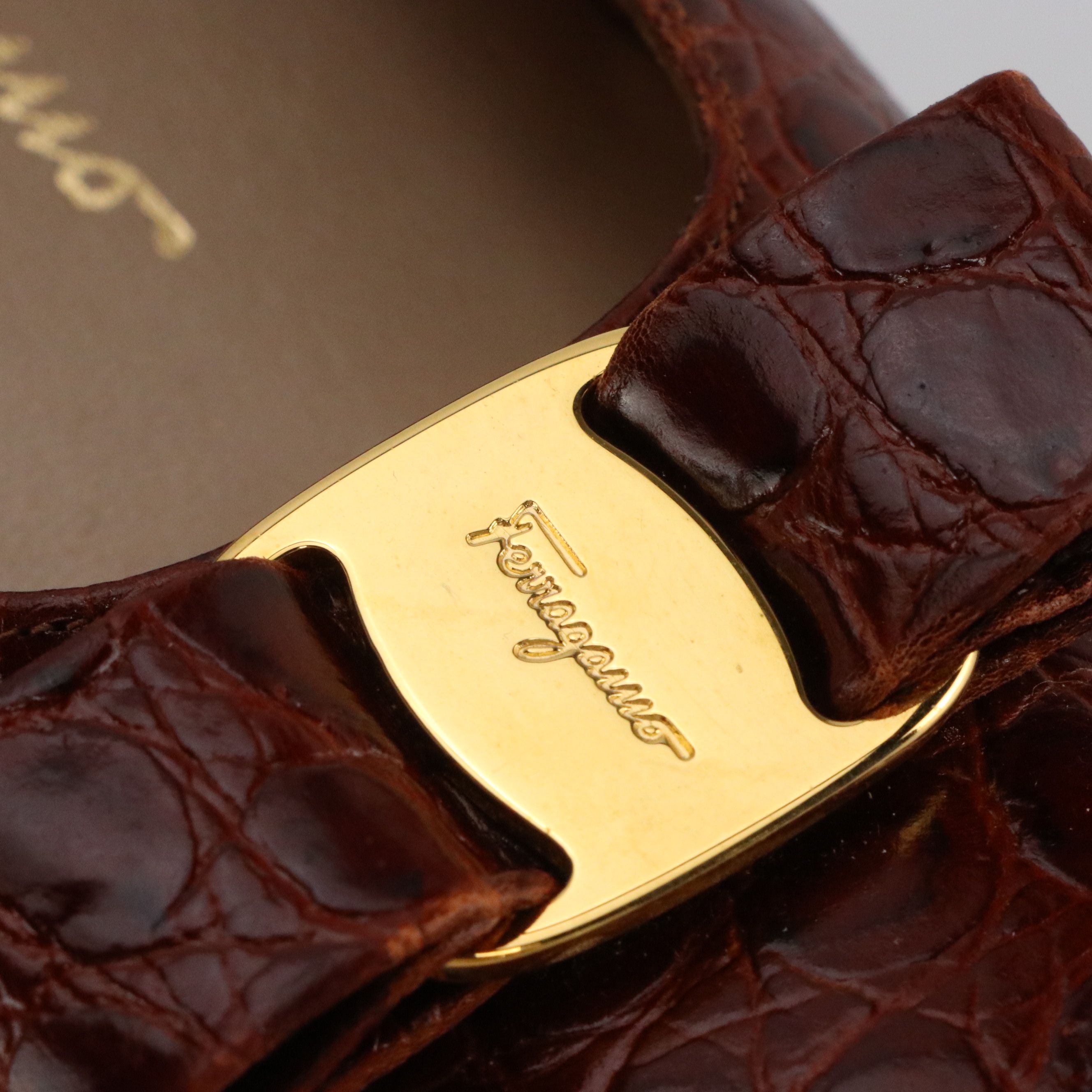 Salvatore Ferragamo Vara Bow Pumps in Croc Embossed Leather with Box