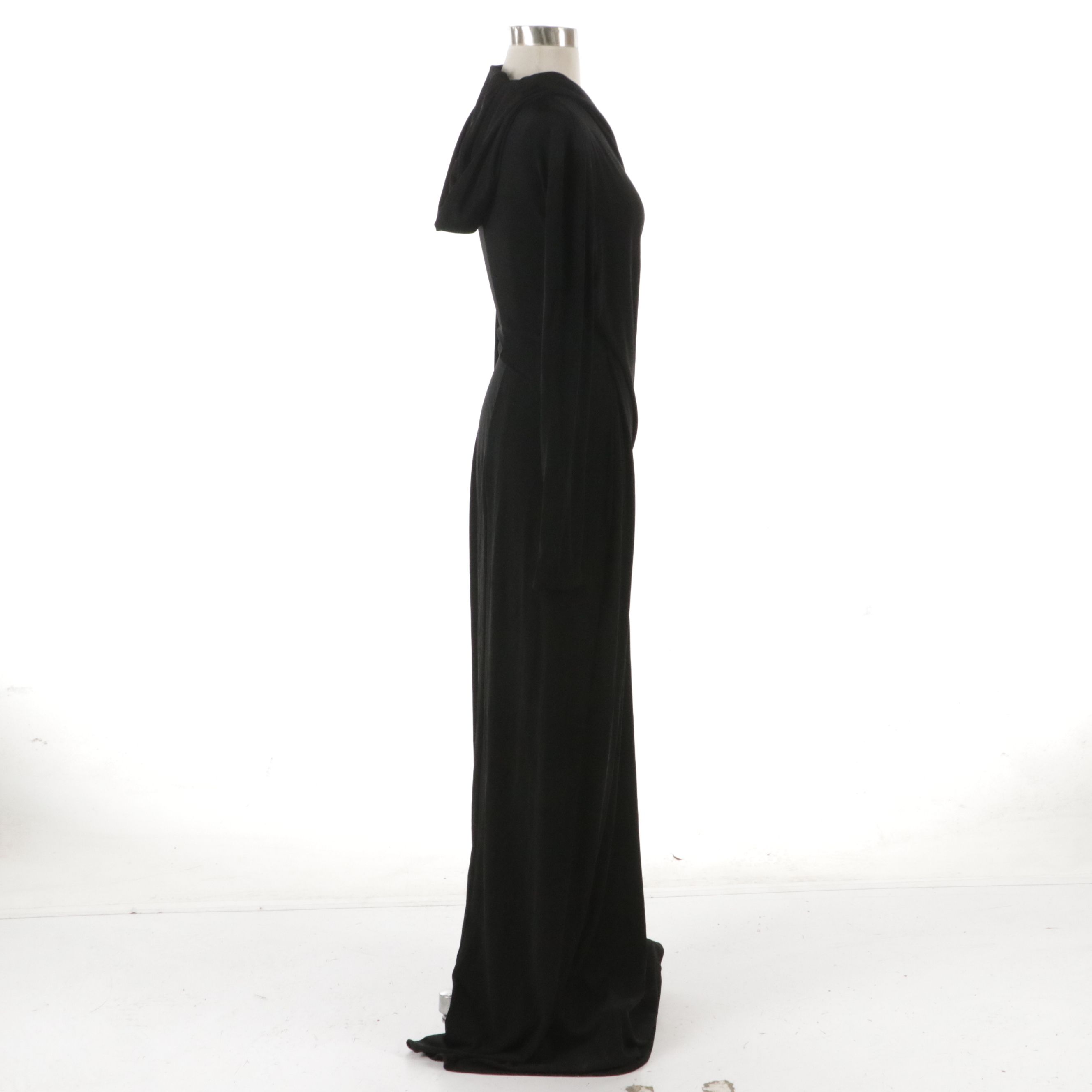 Tom Ford Black Ruched Hooded Long Sleeve Evening Dress with V-Cut Neckline