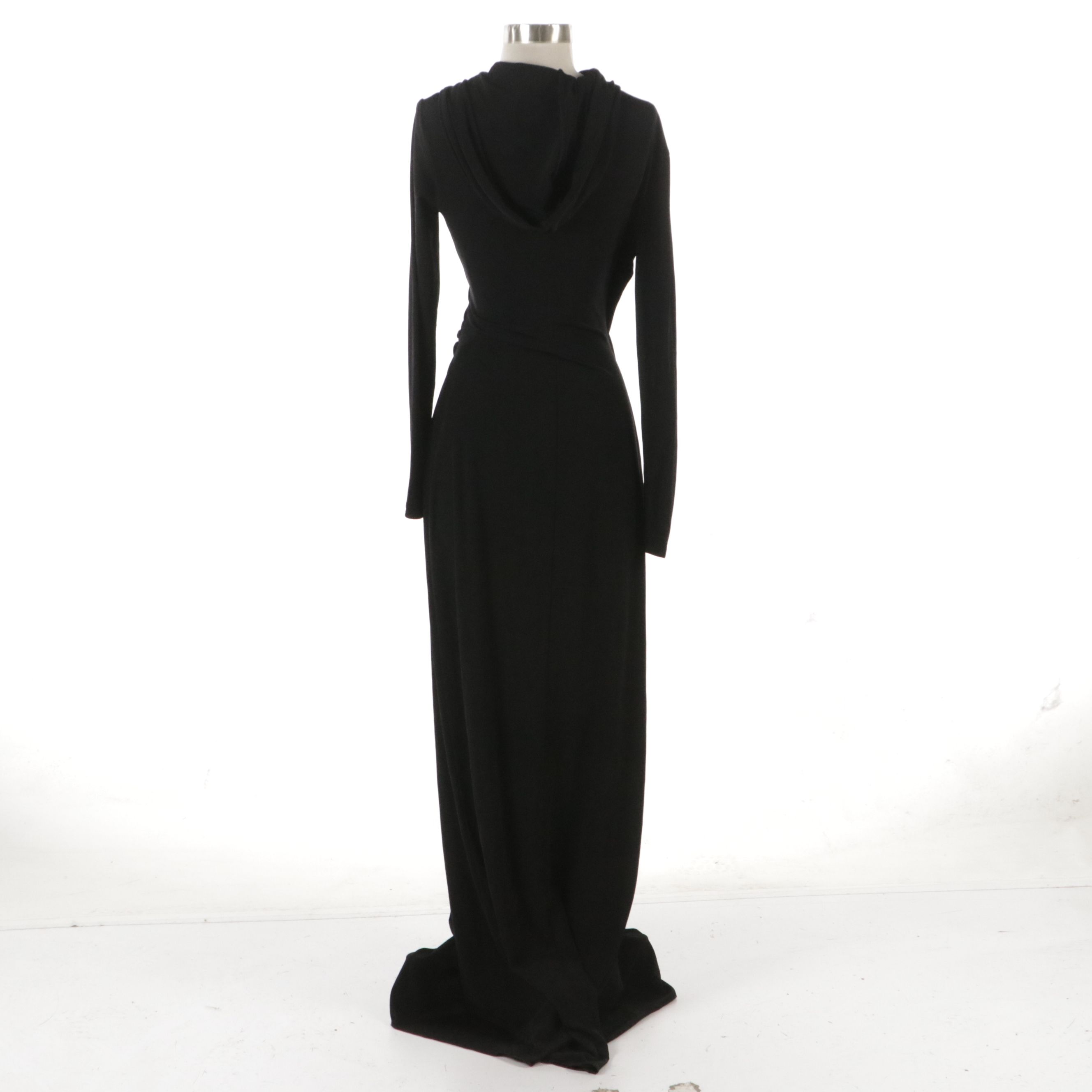 Tom Ford Black Ruched Hooded Long Sleeve Evening Dress with V-Cut Neckline