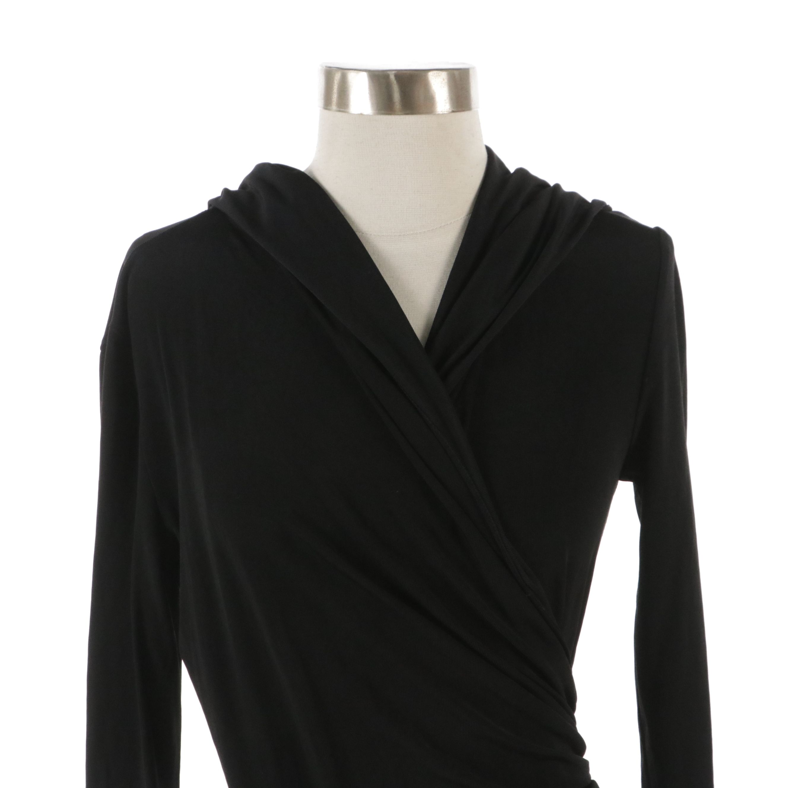 Tom Ford Black Ruched Hooded Long Sleeve Evening Dress with V-Cut Neckline