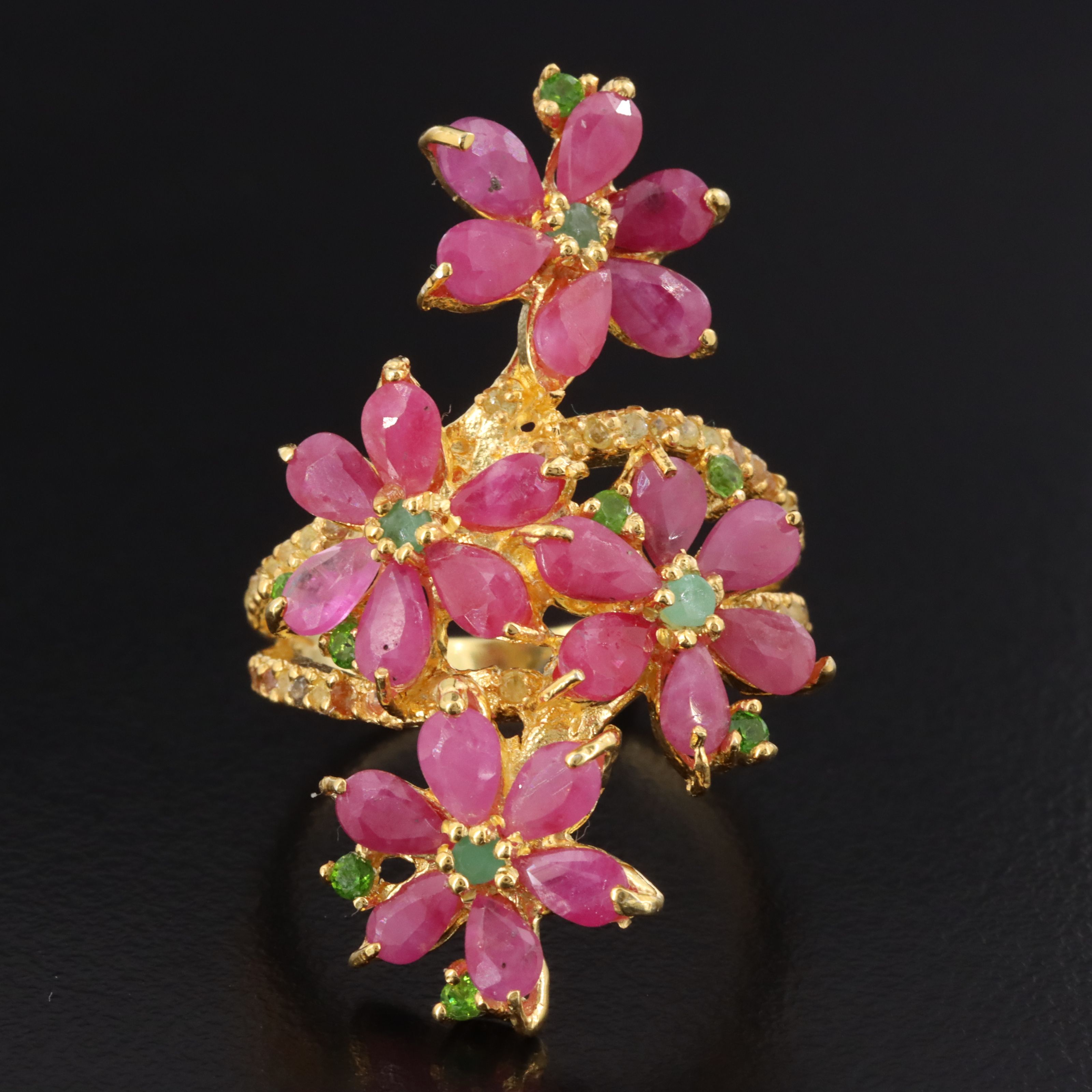 Sterling Ruby, Diopside and Sapphire Floral Bypass Ring