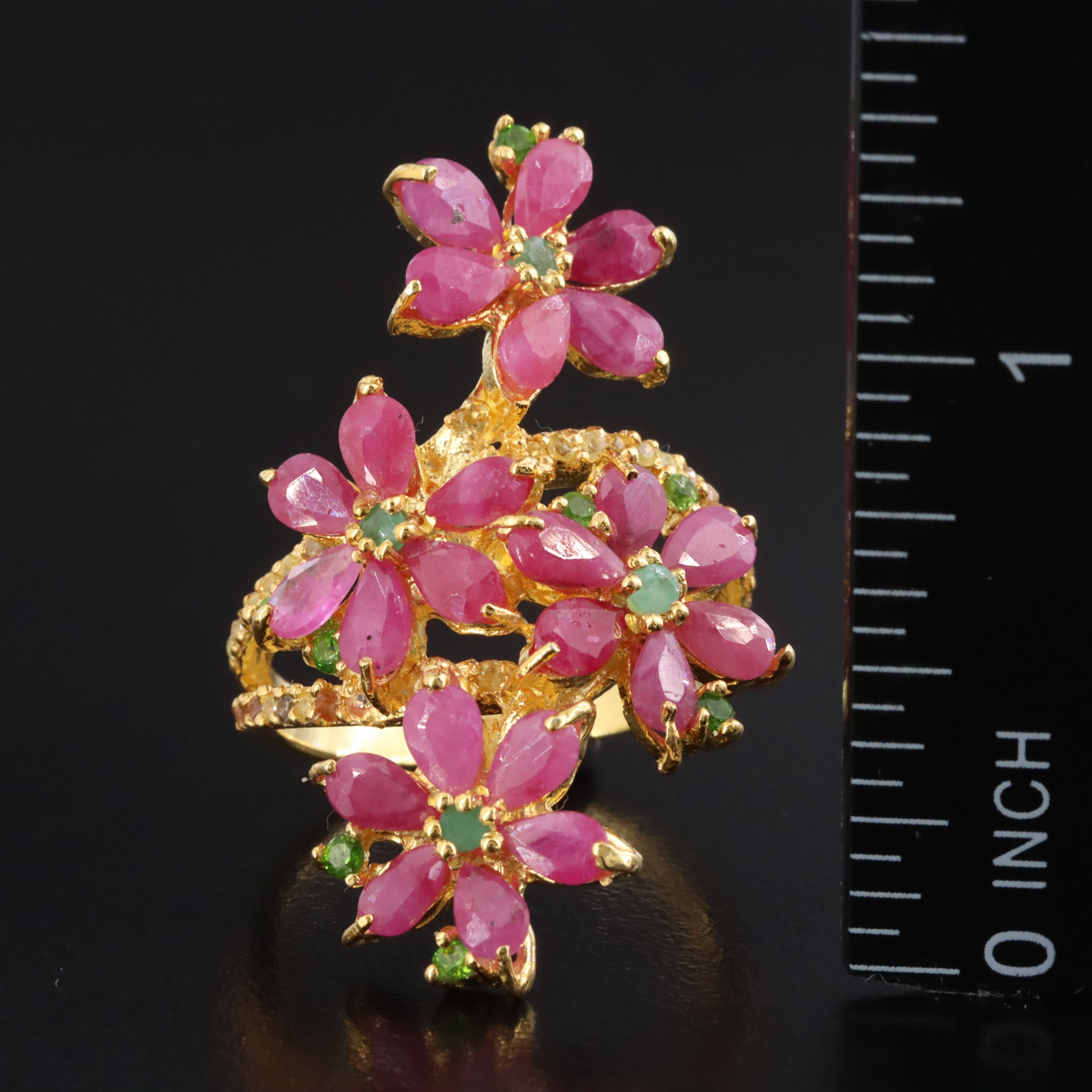 Sterling Ruby, Diopside and Sapphire Floral Bypass Ring