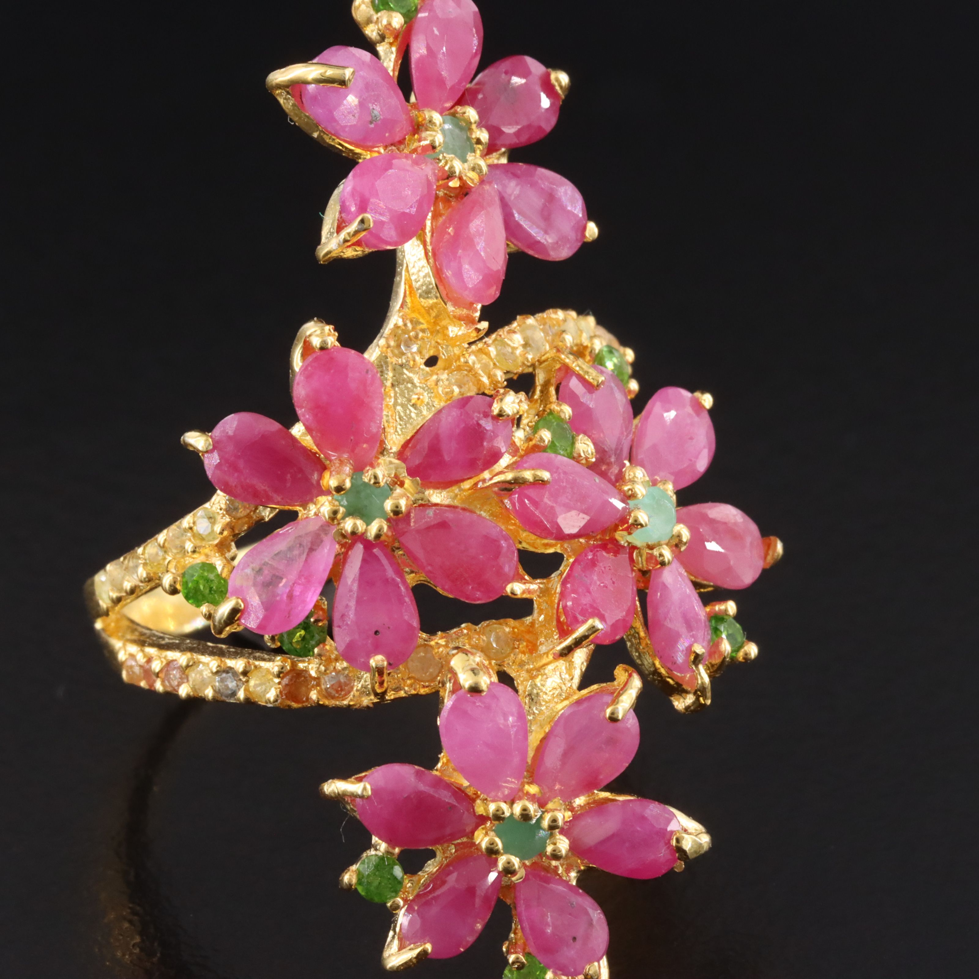 Sterling Ruby, Diopside and Sapphire Floral Bypass Ring