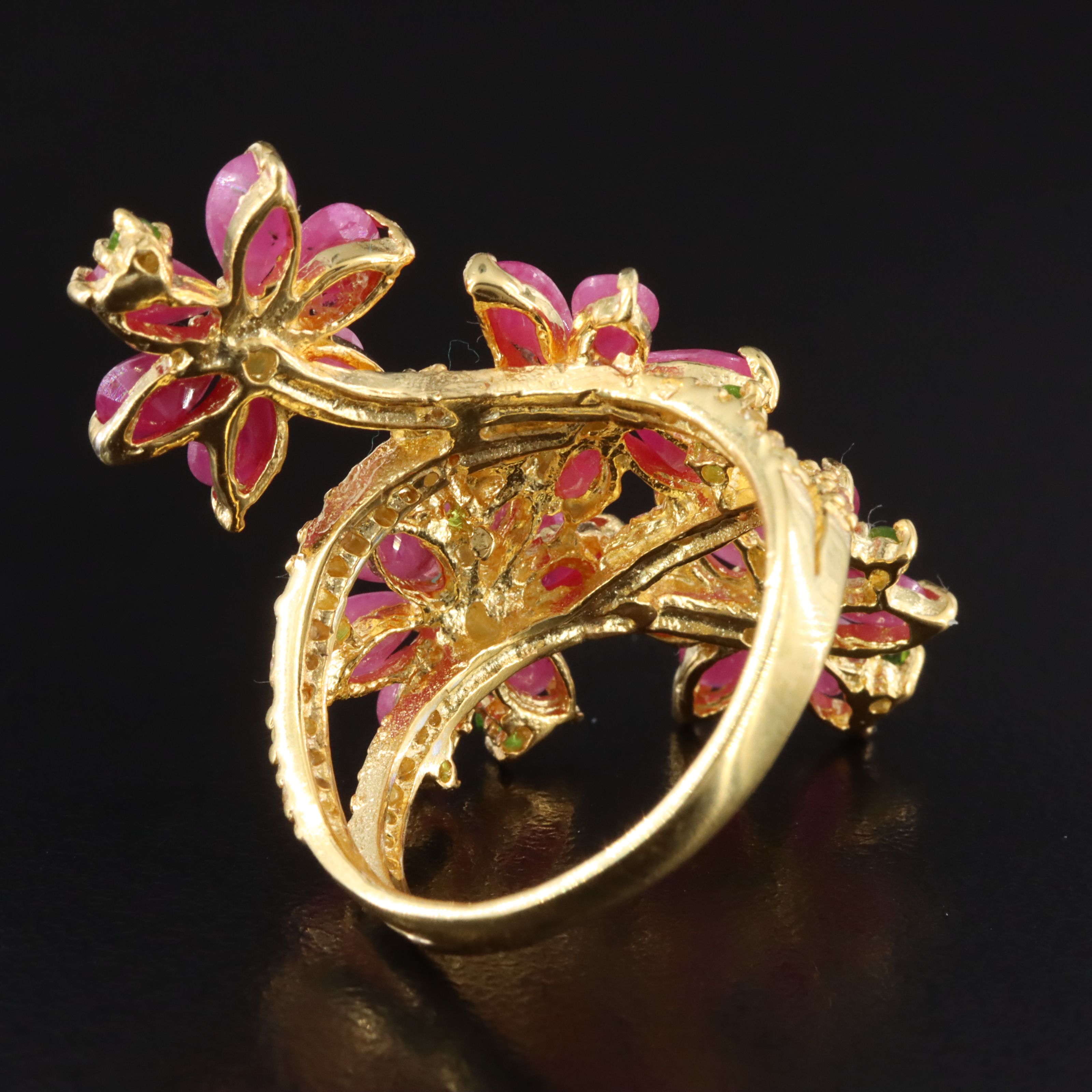 Sterling Ruby, Diopside and Sapphire Floral Bypass Ring