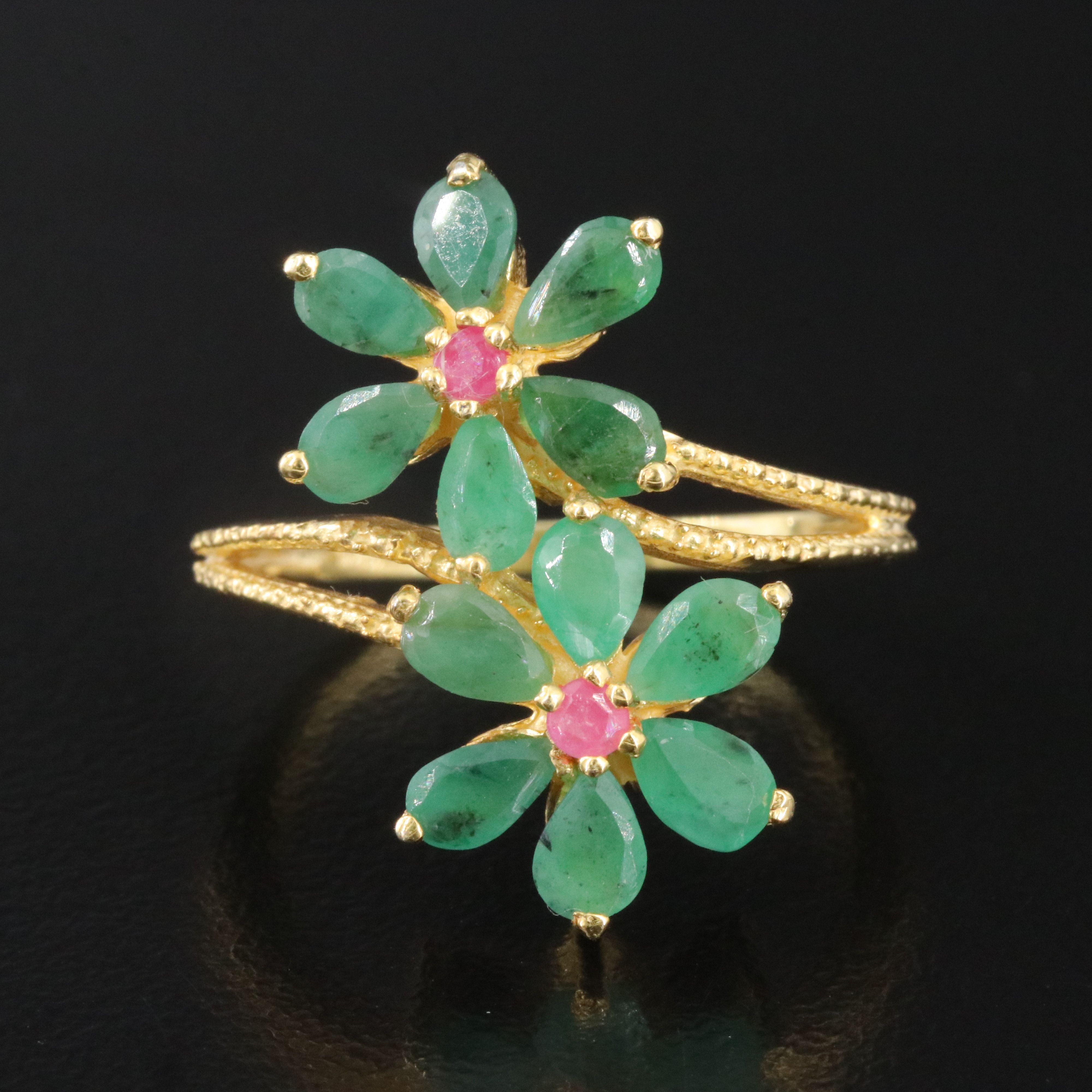Sterling Emerald and Ruby Floral Bypass Ring