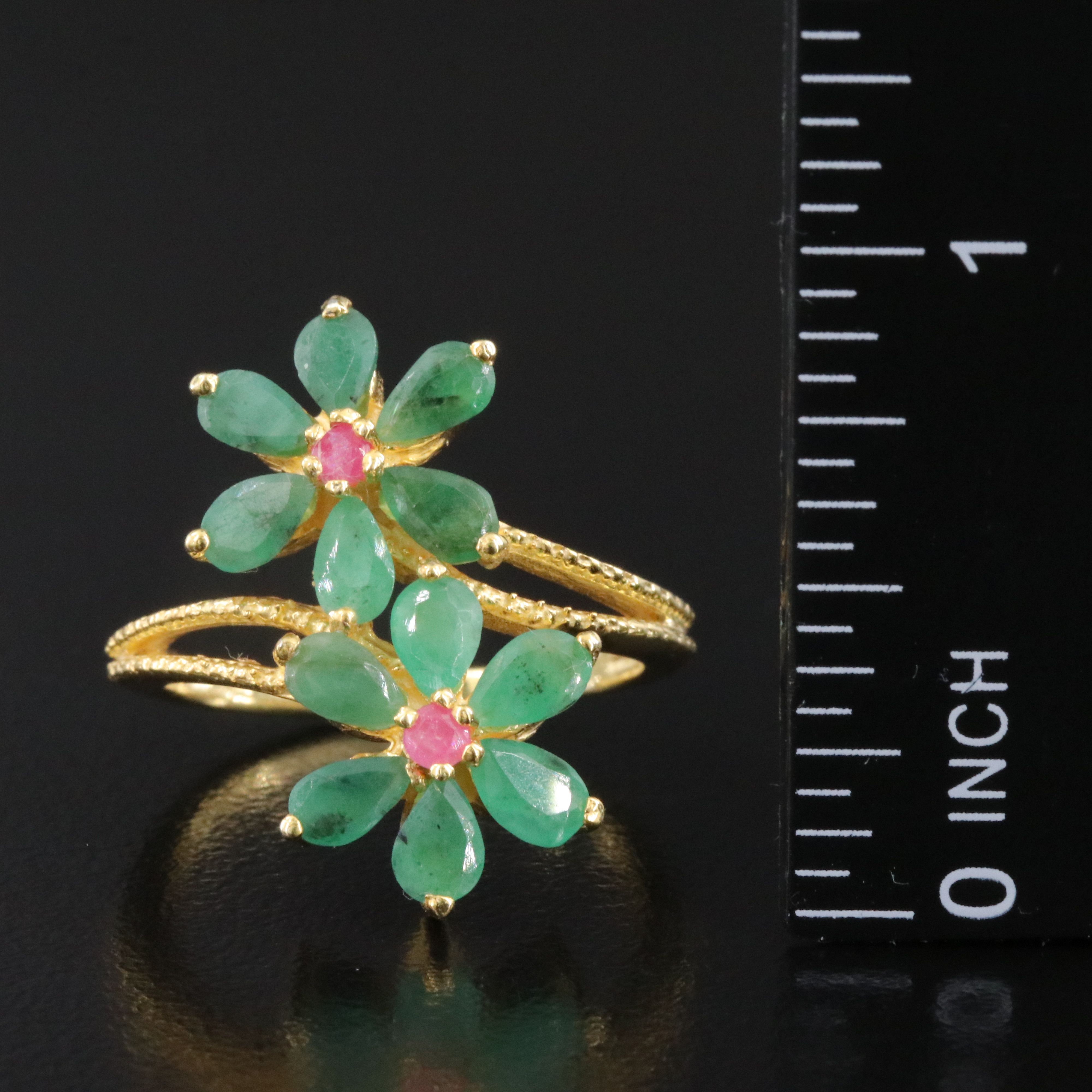 Sterling Emerald and Ruby Floral Bypass Ring