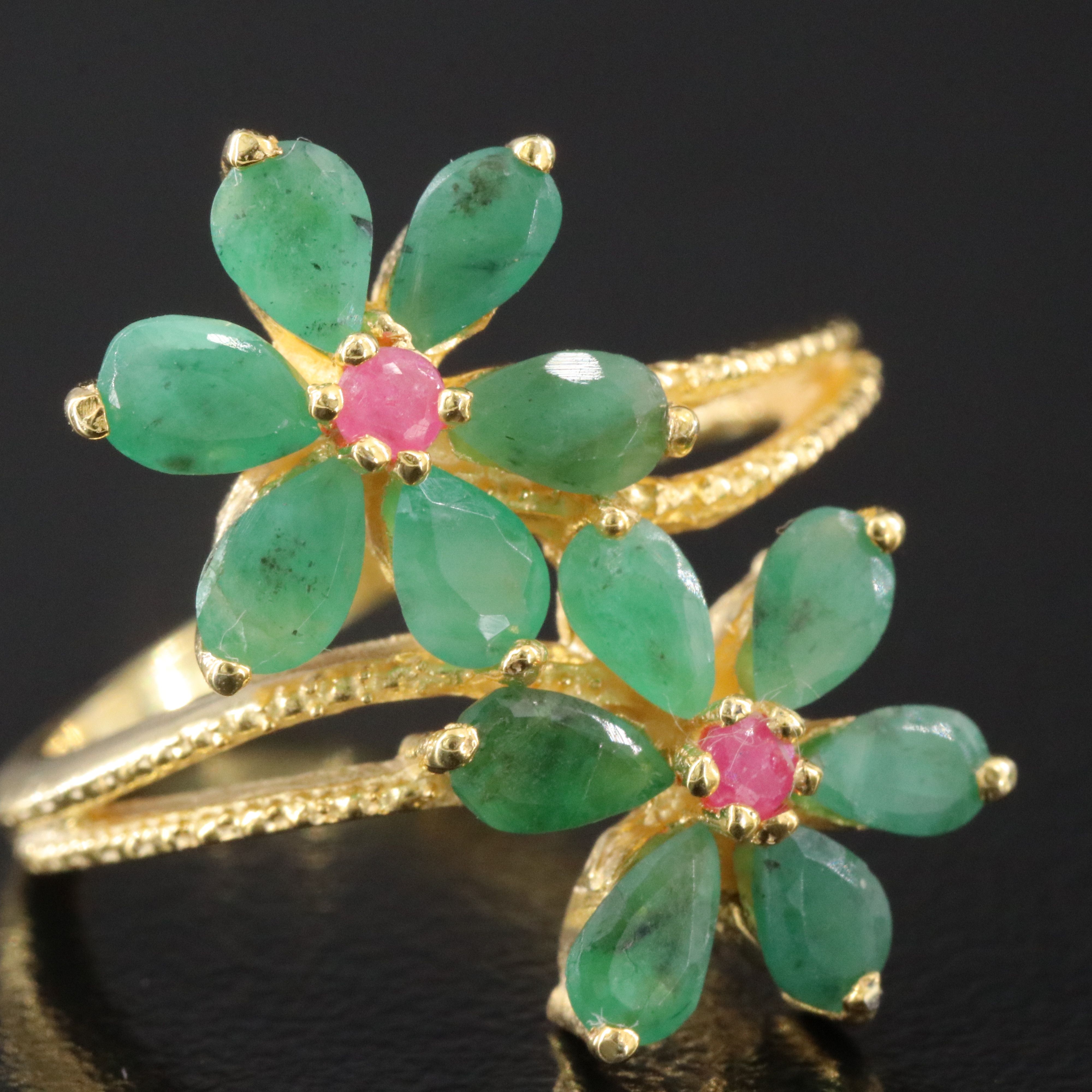 Sterling Emerald and Ruby Floral Bypass Ring