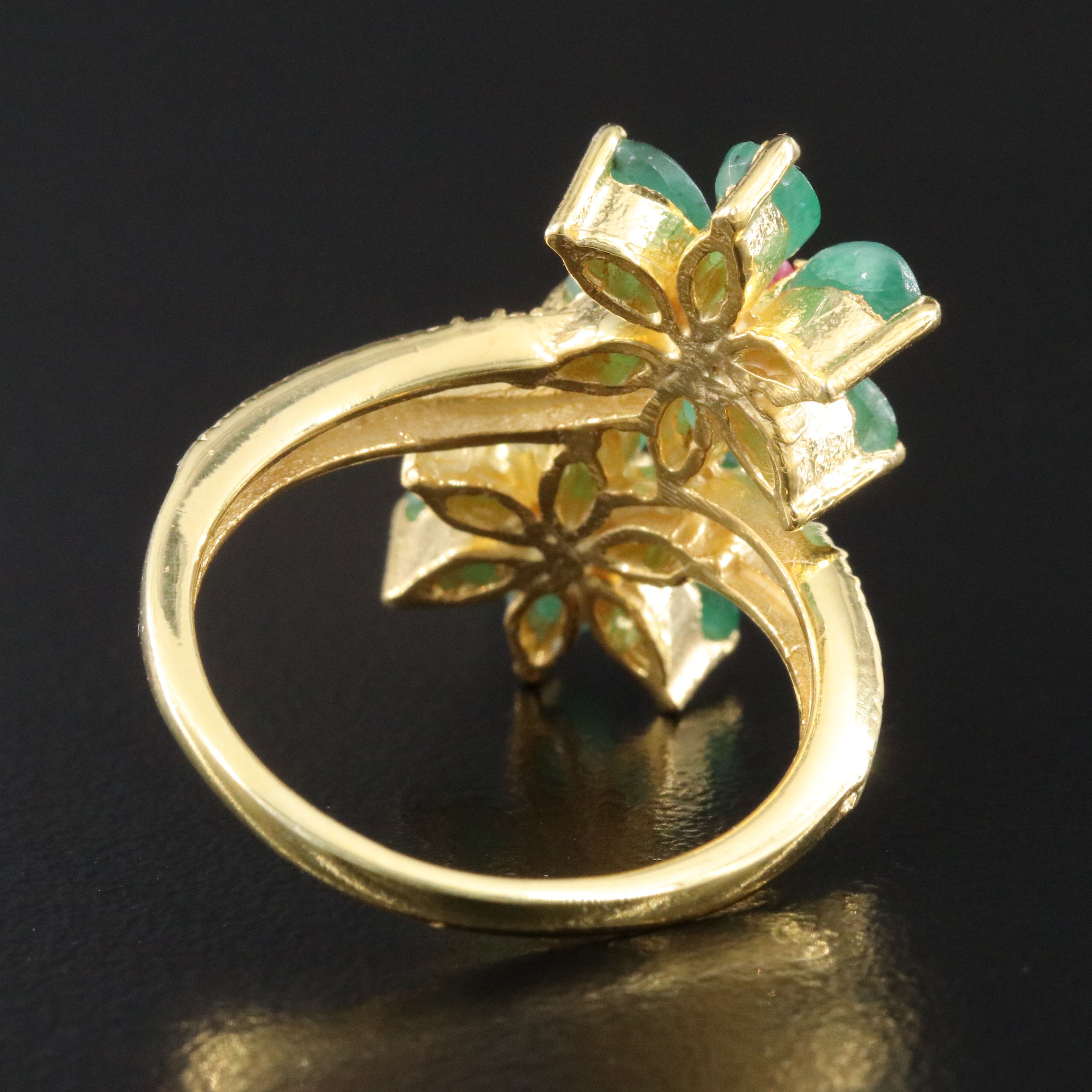 Sterling Emerald and Ruby Floral Bypass Ring