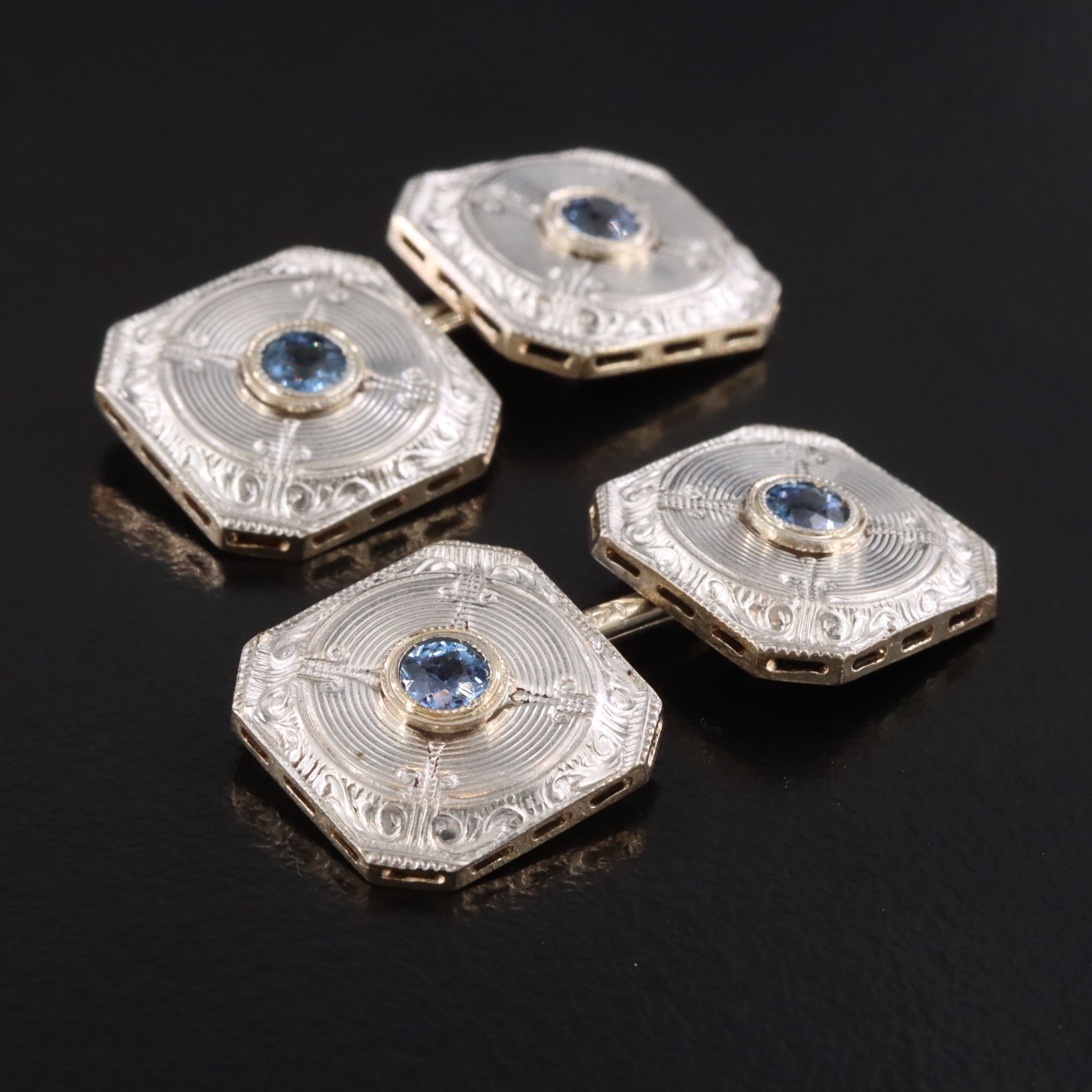 Art Deco 14K Sapphire Cufflinks with Platinum Tops