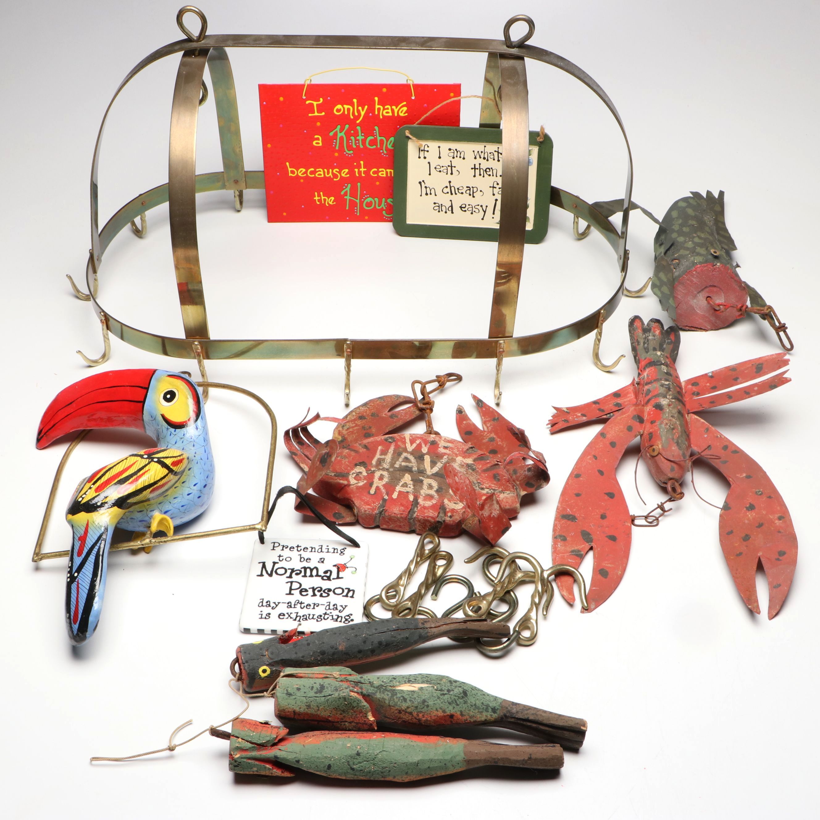 Brass Pot Hanger with Hanging Folk Art Animals and Kitchen Signs