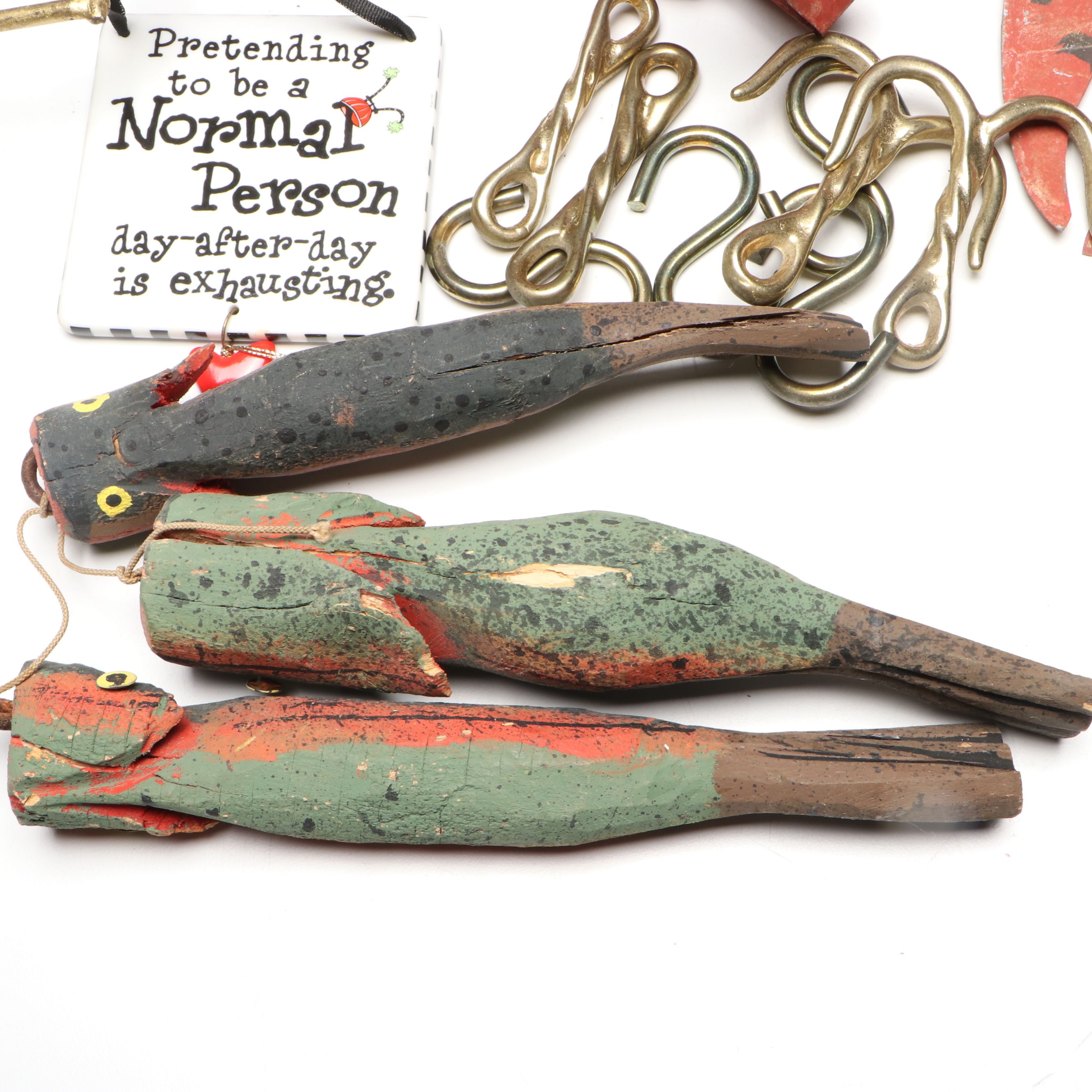 Brass Pot Hanger with Hanging Folk Art Animals and Kitchen Signs